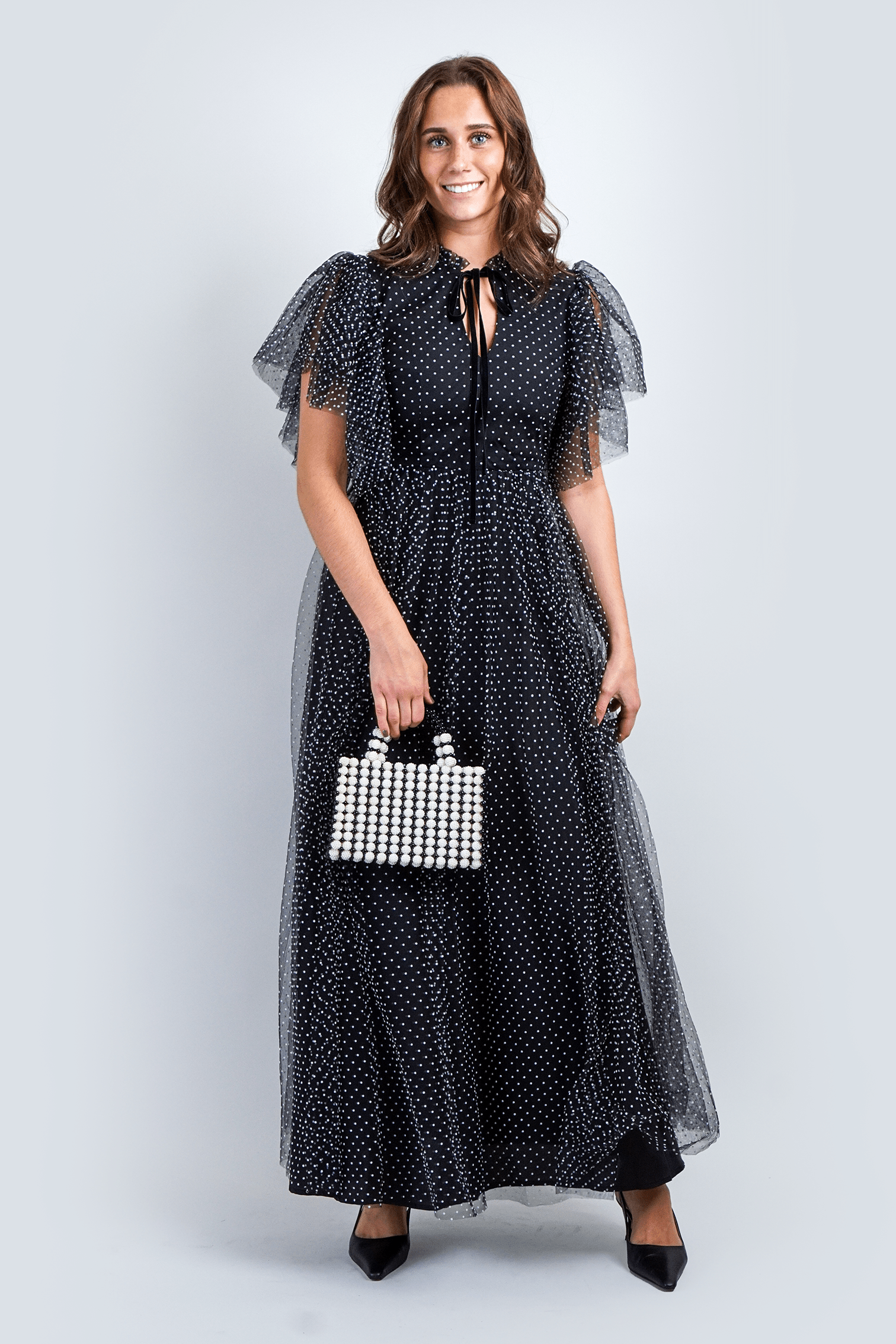 DCD Dresses Black White Polka Dot Tulle Maxi Dress