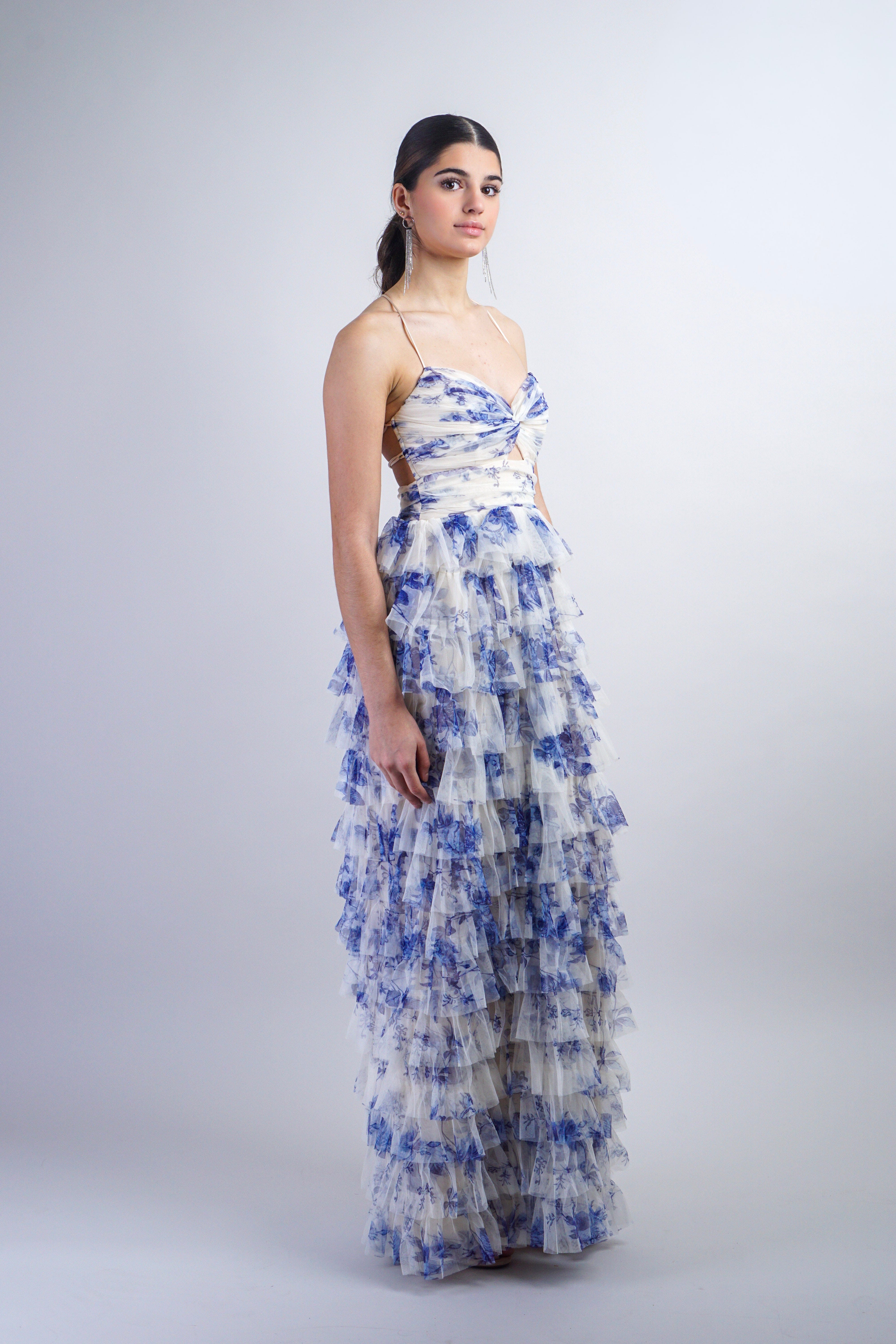 Private Label DRESSES Blue Floral Print Tulle Gown