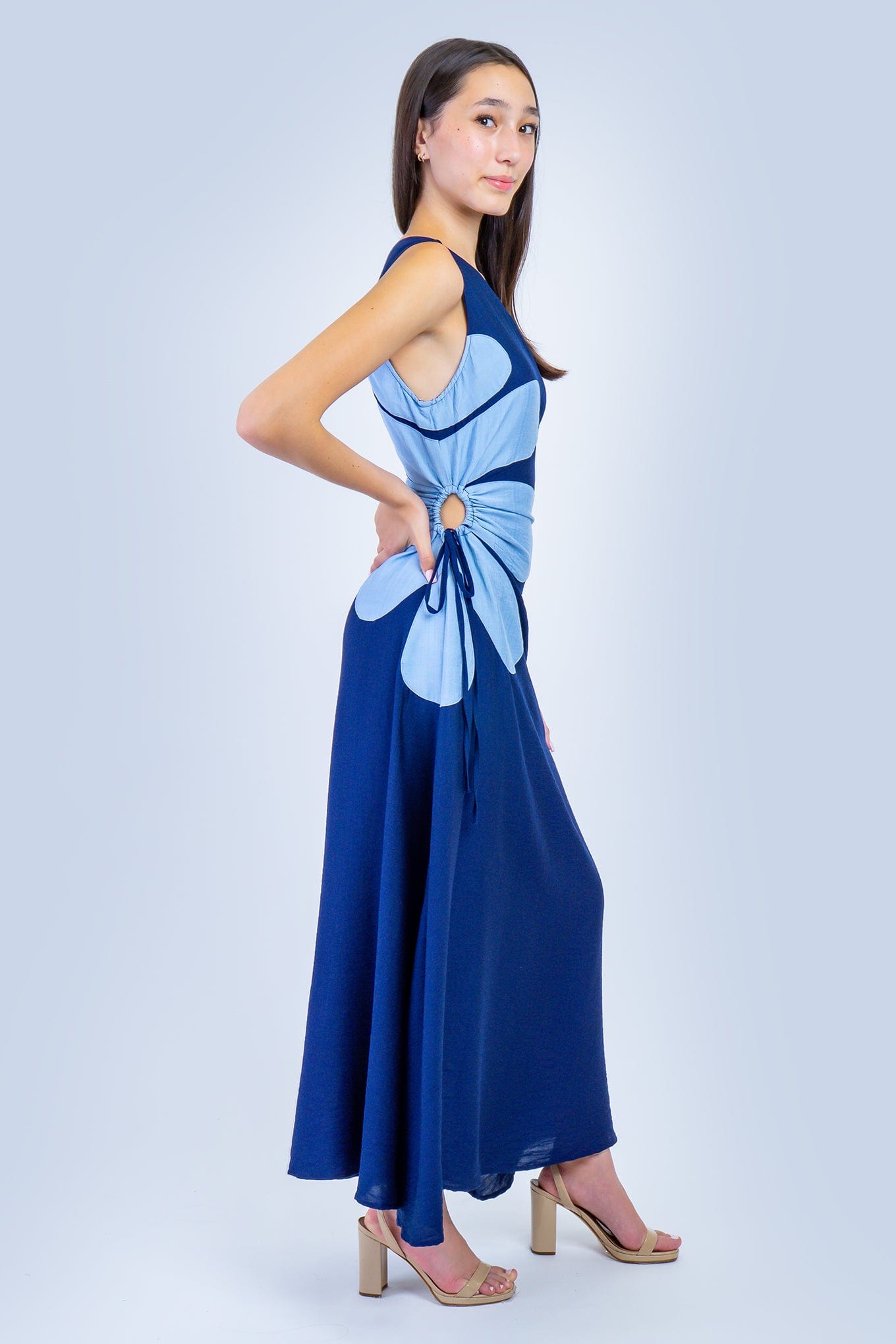 DCD DRESSES Blue One Shoulder Linen Maxi Dress