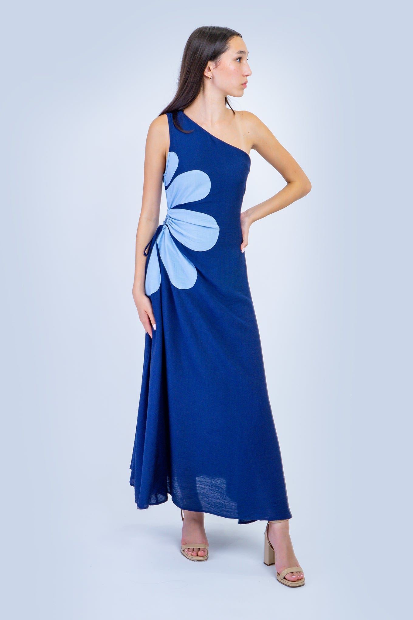 DCD DRESSES Blue One Shoulder Linen Maxi Dress