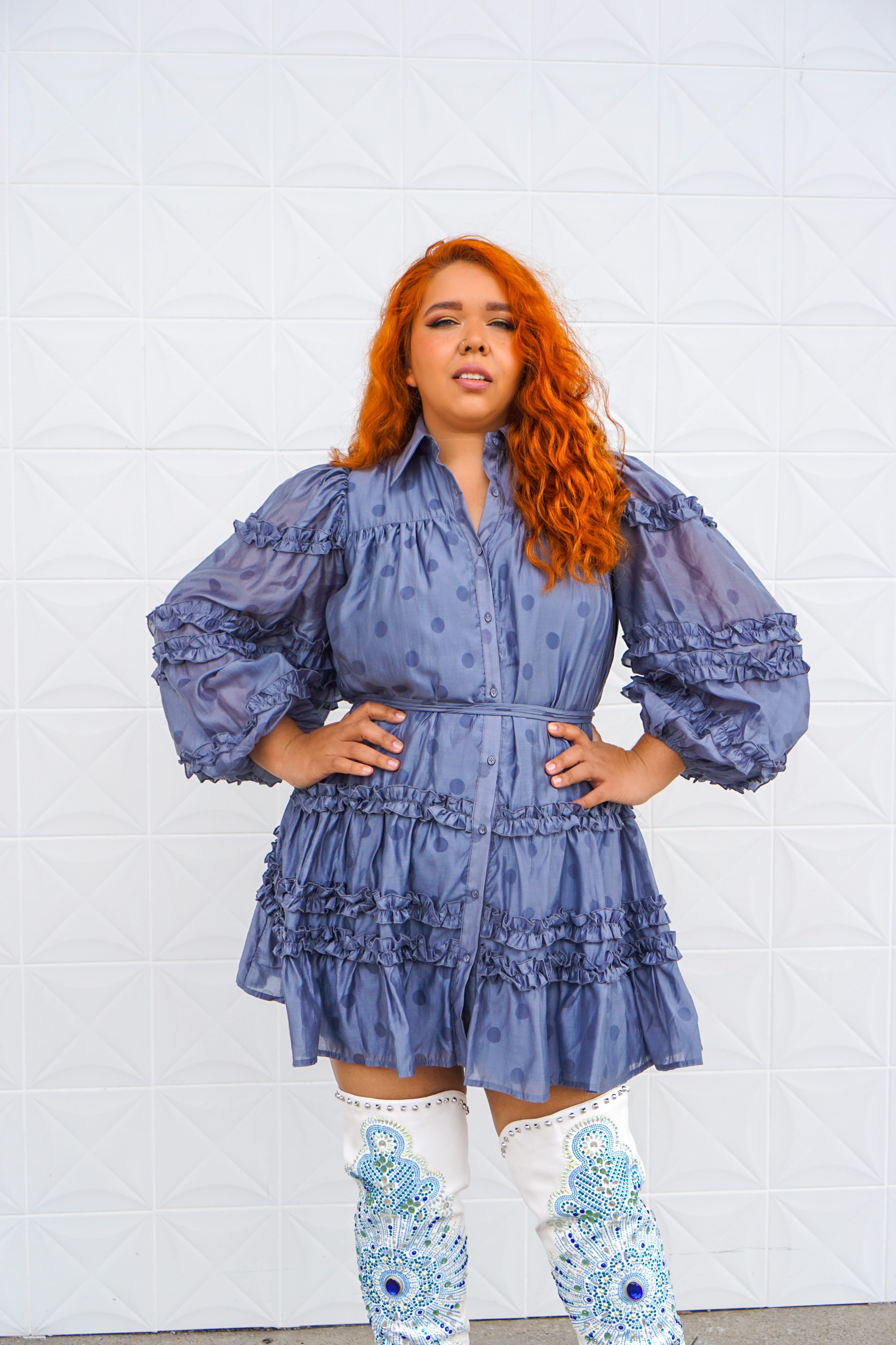 Private Label DRESSES Blue Polka Dot Ruffle Shirt Dress