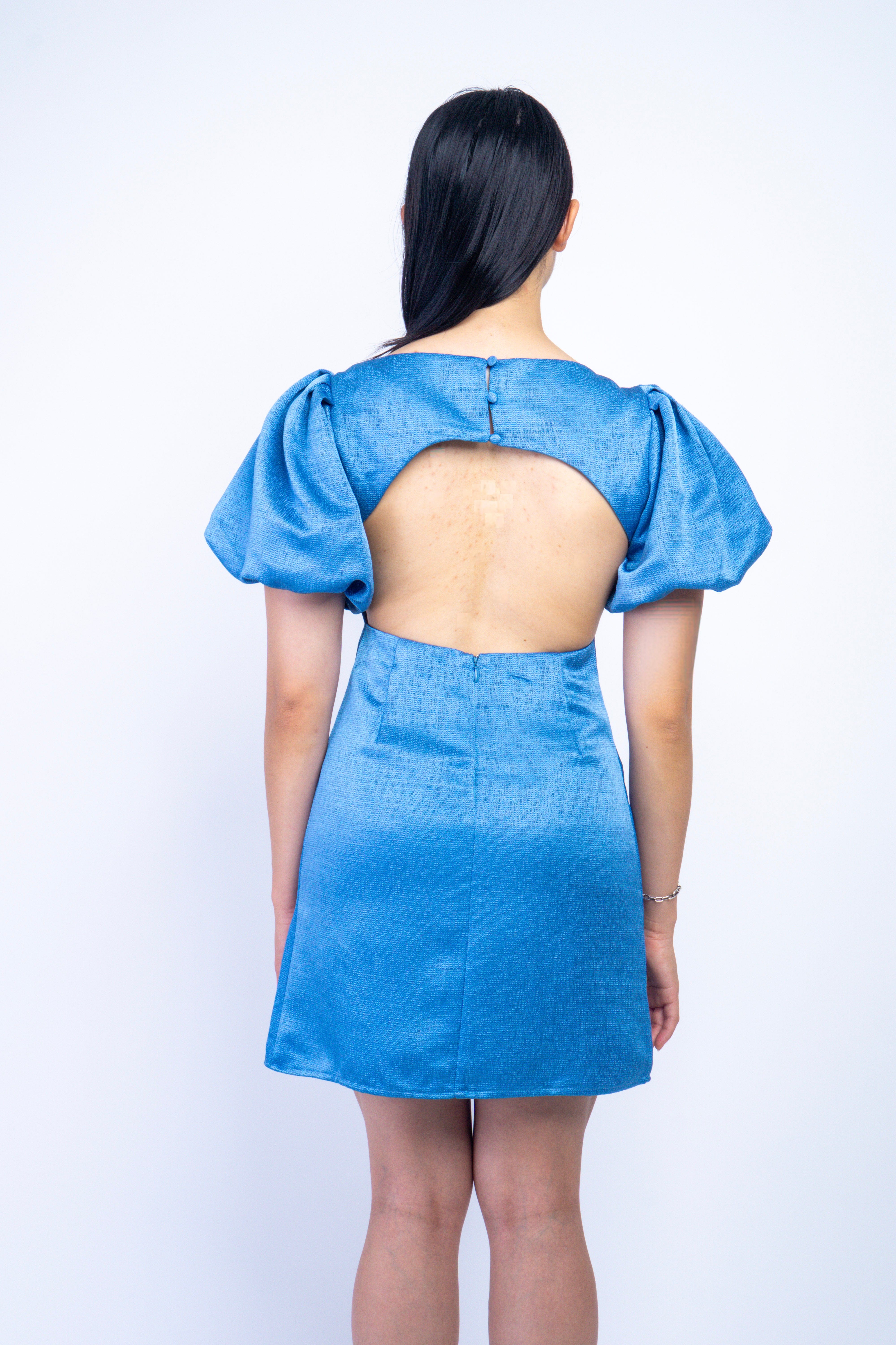 Private Label DRESSES Blue Square Neck Puff Sleeve Dress