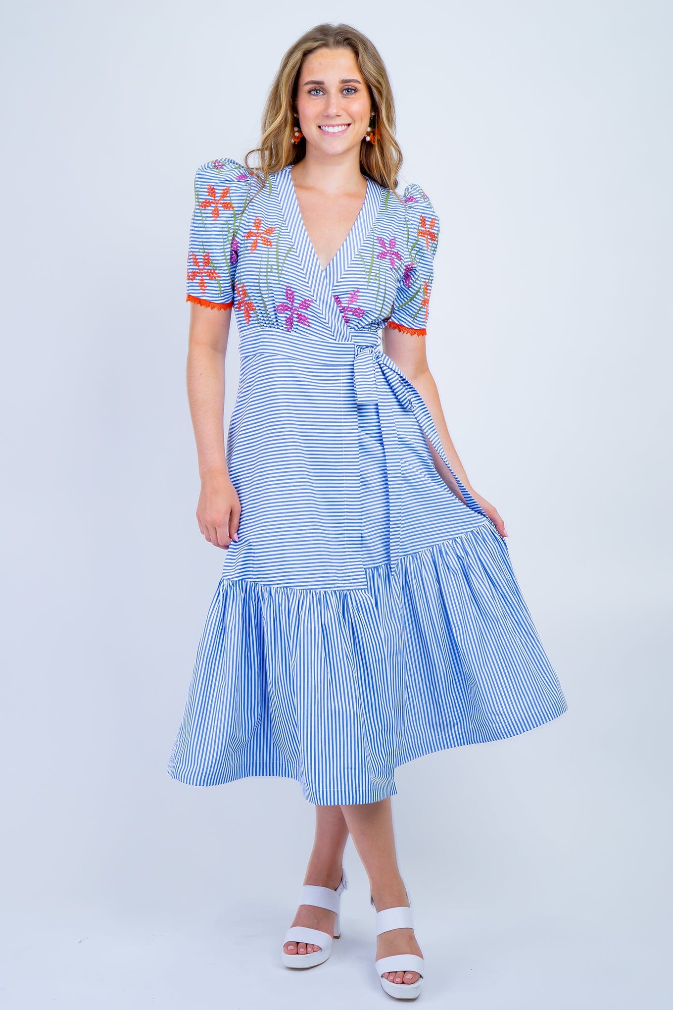 DCD DRESSES Blue Stripe Floral Embroidery Wrap Midi Dress
