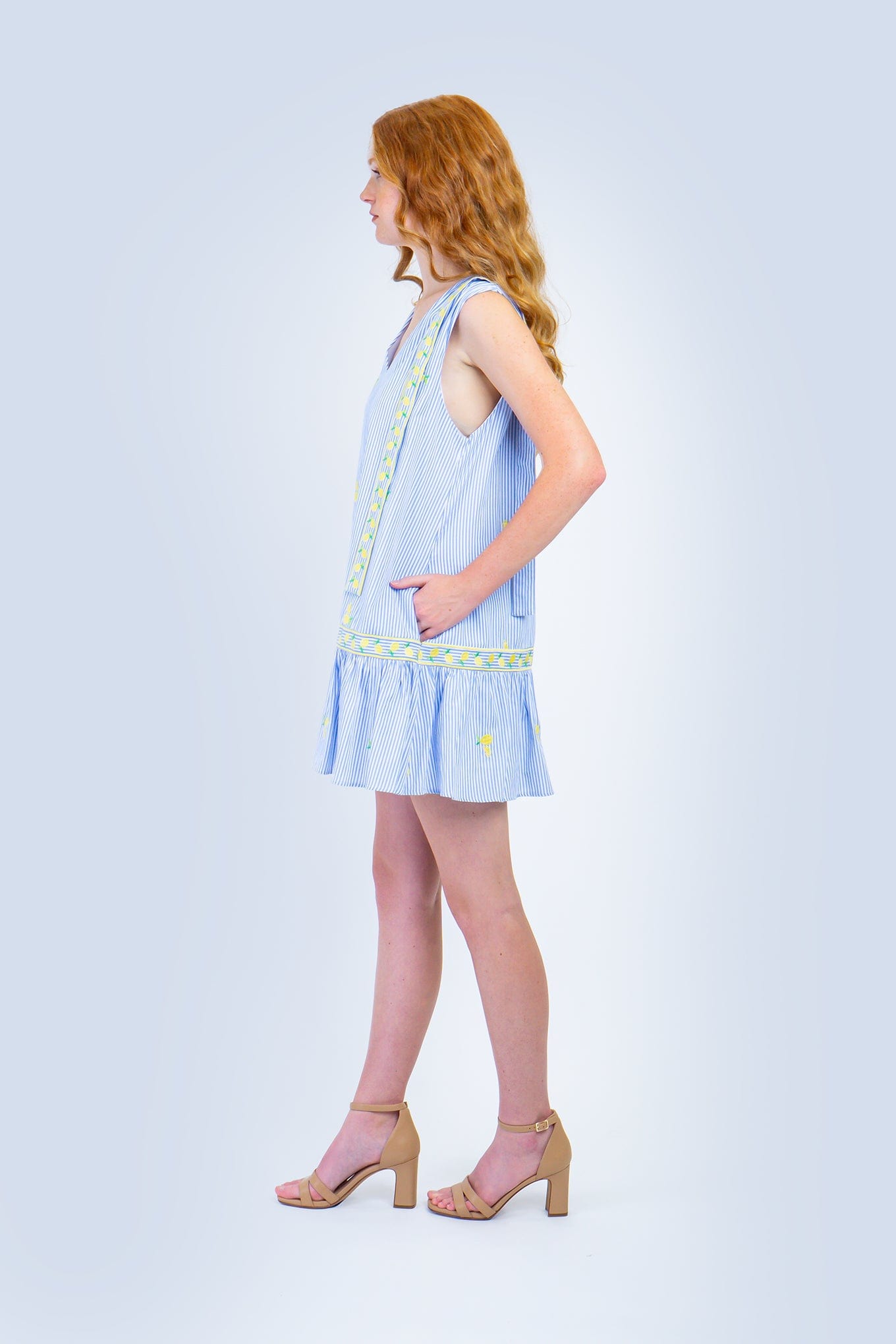 Private Label DRESSES Blue Stripes Lemon Embroidery Mini Dress