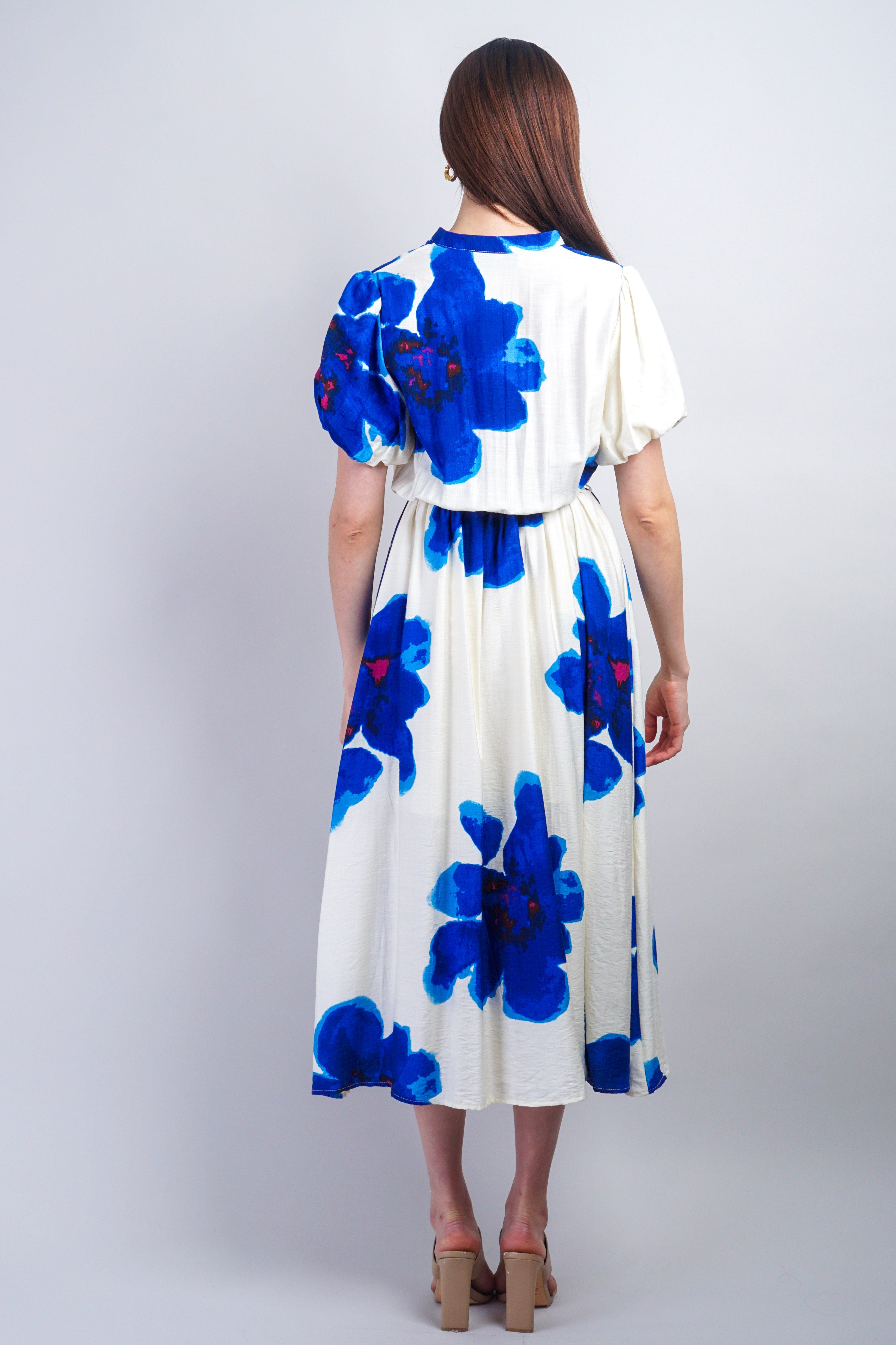 Private Label DRESSES Blue White Floral Puff Sleeve Dress