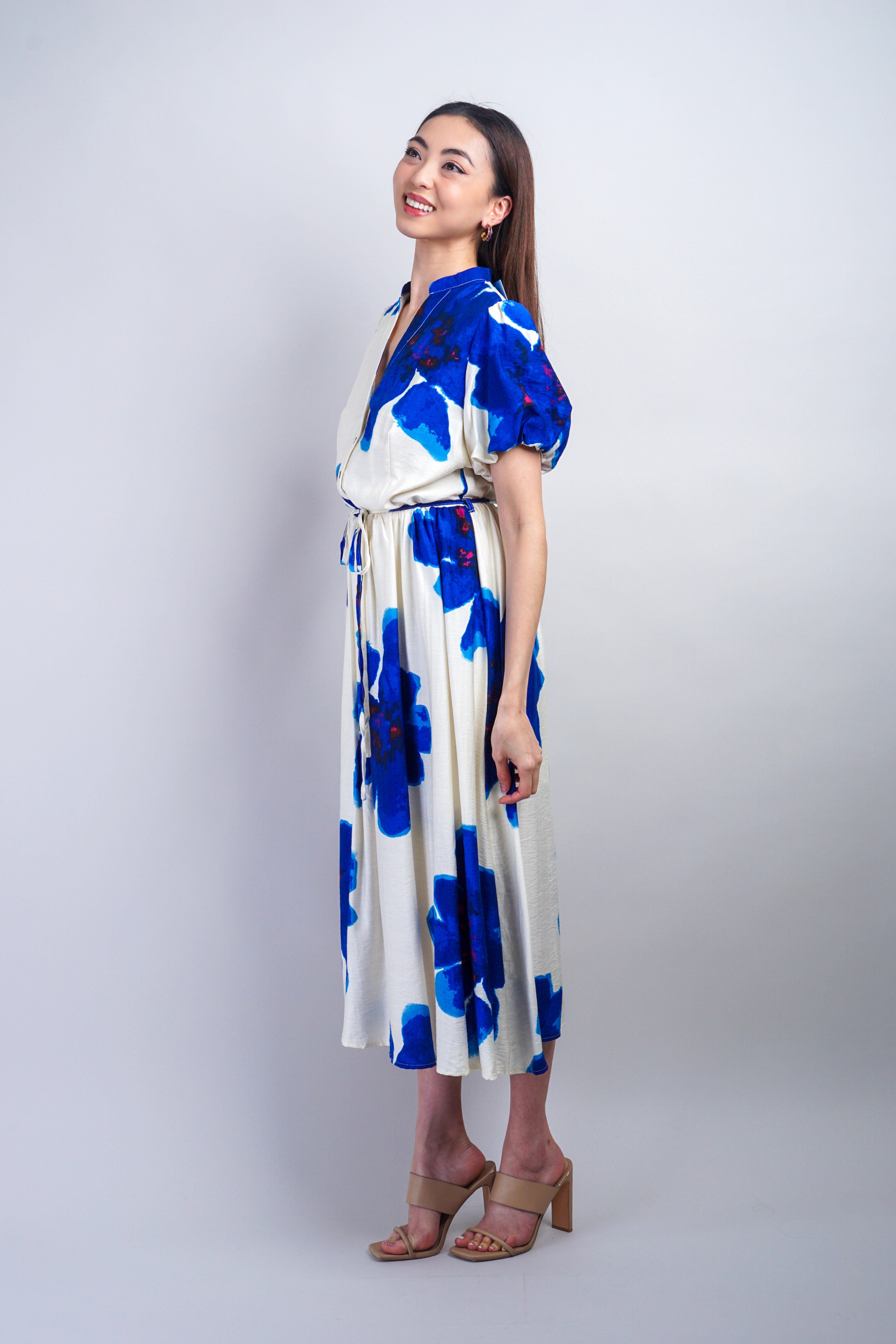 Private Label DRESSES Blue White Floral Puff Sleeve Dress