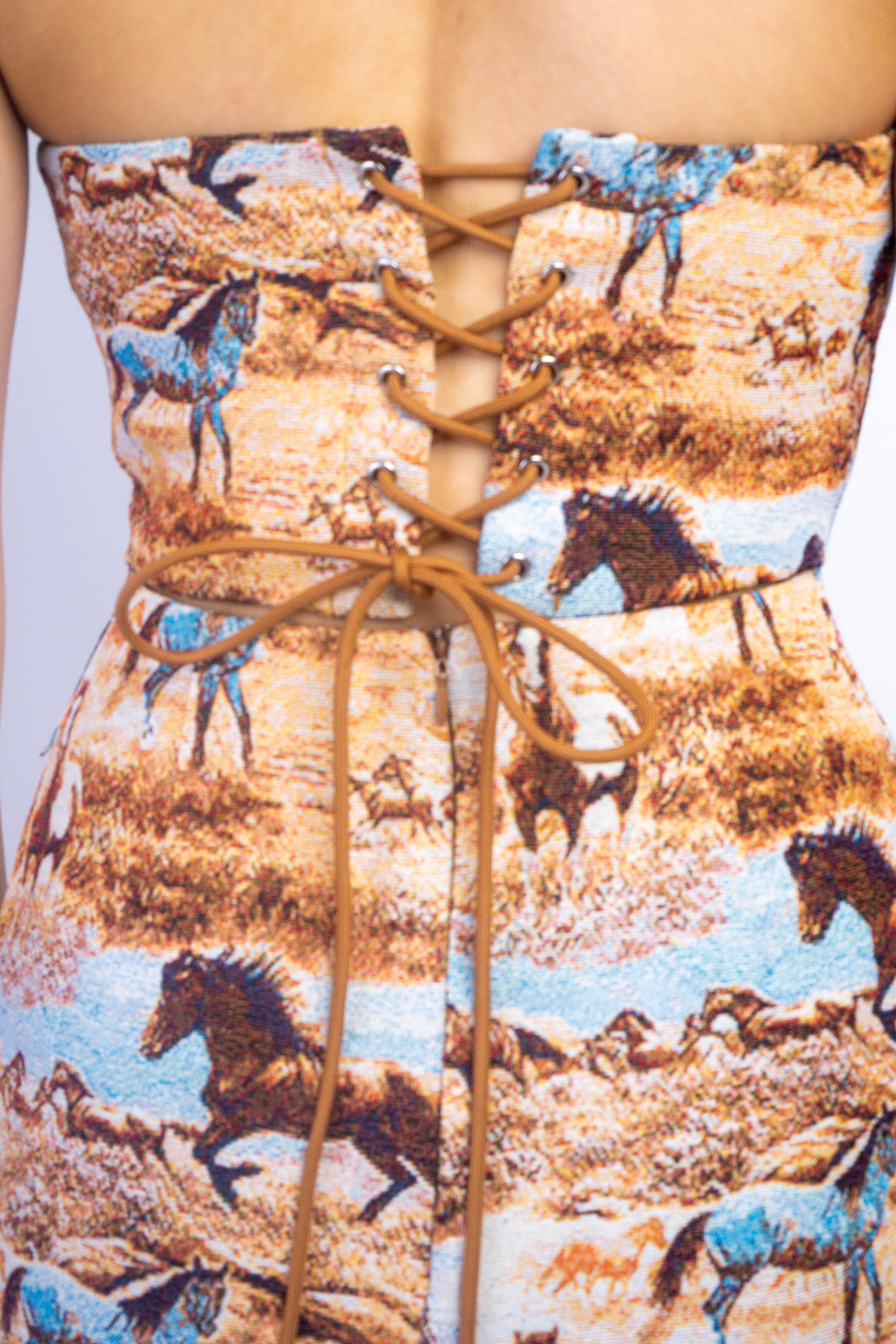 Private Label DRESSES Brown Jacquard Horse Lace Up Back Tie Tube Mini Dress