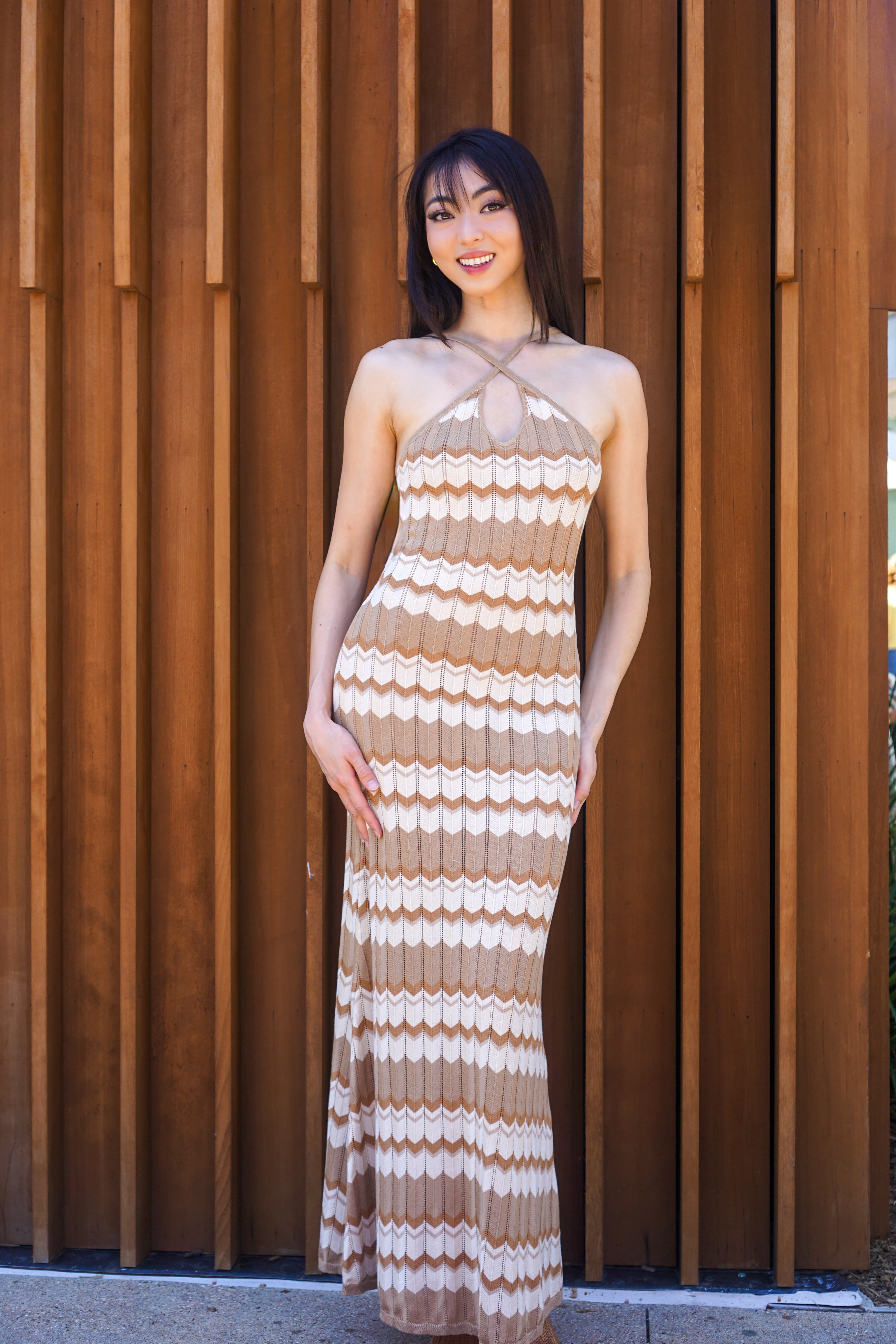 Private Label DRESSES Brown Knitted Zig Zag Striped Midi Dress