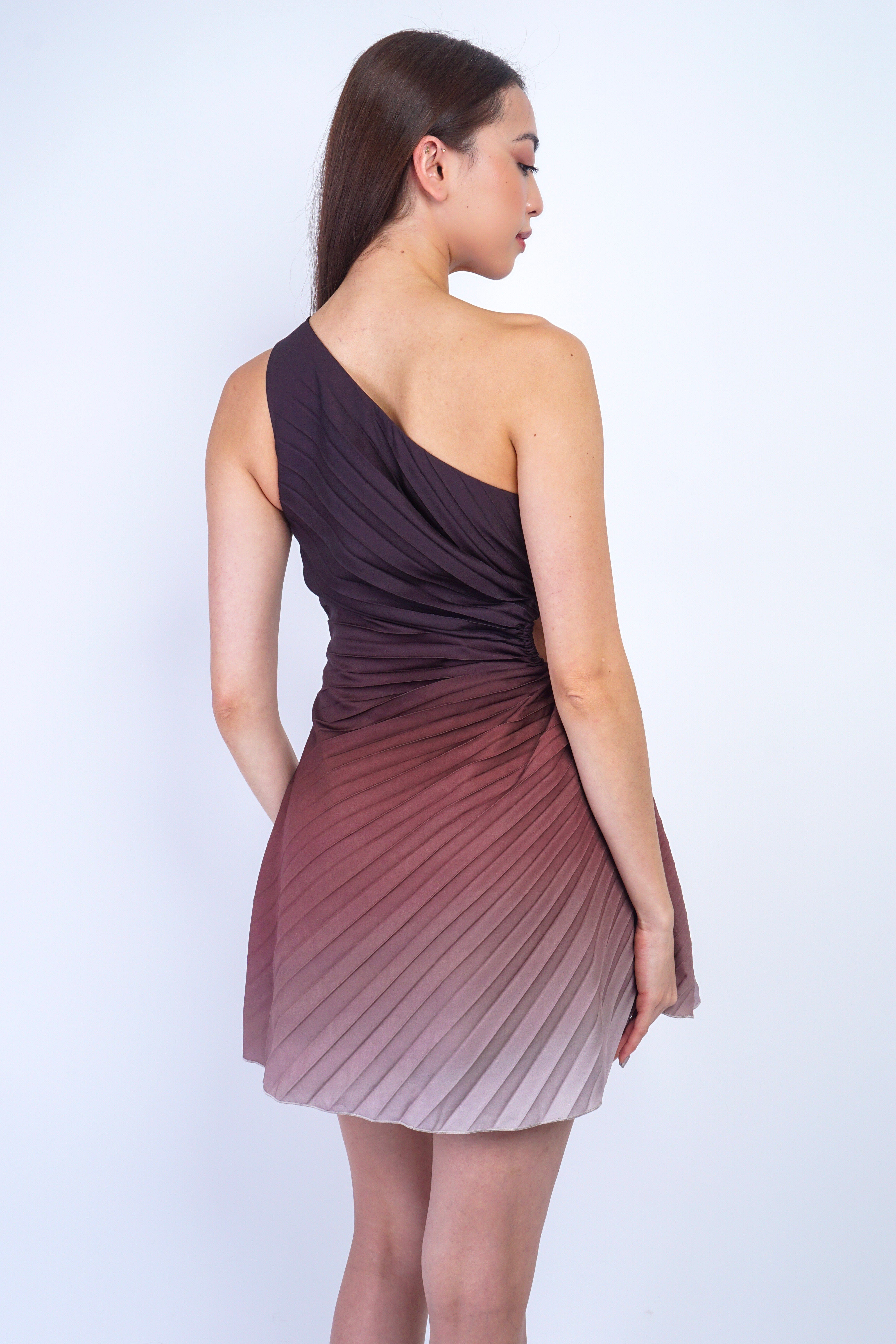 Private Label DRESSES Brown Ombre Pleated One Shoulder Mini Dress