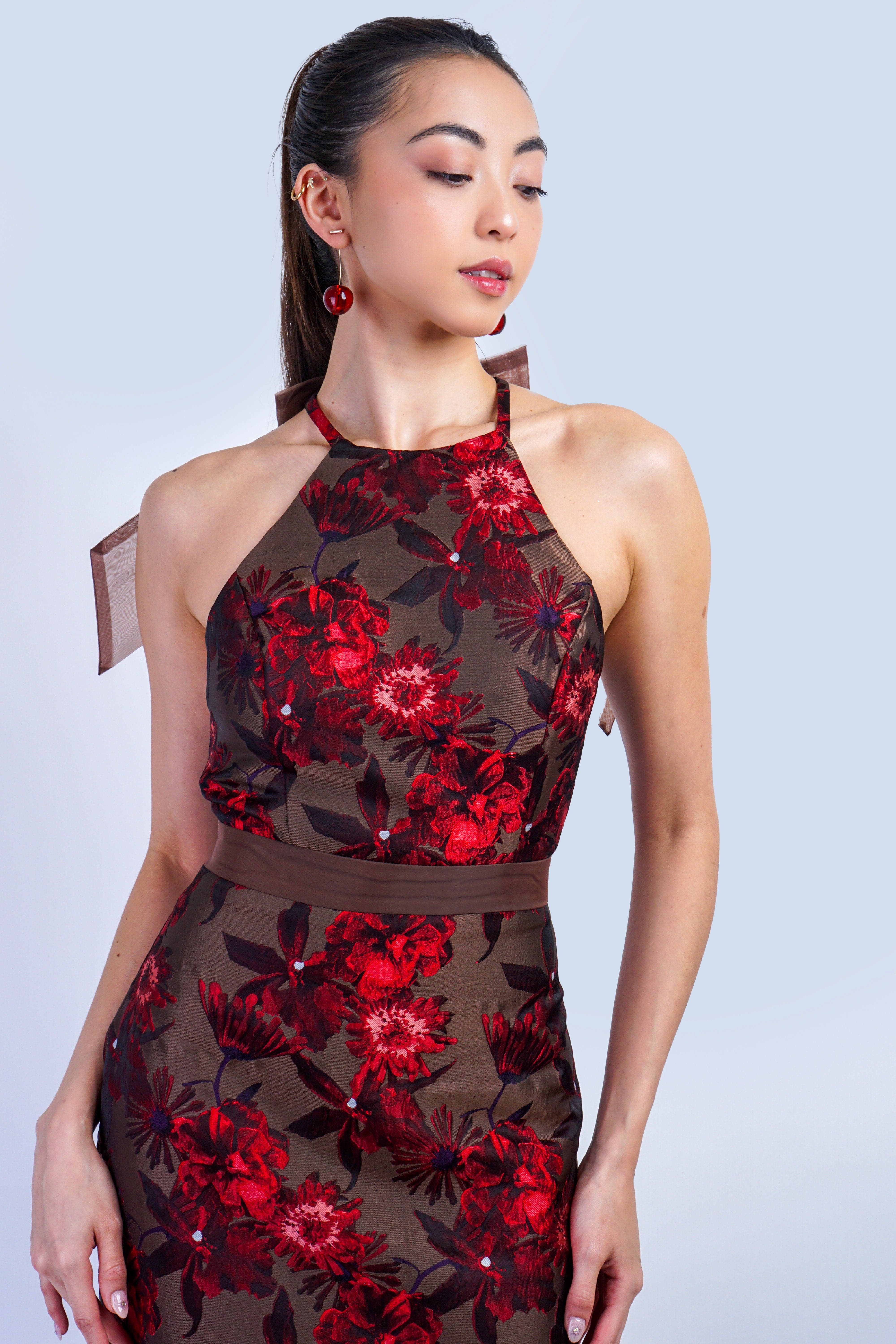 Private Label DRESSES Brown Red Floral Jacquard Halter Midi Dress