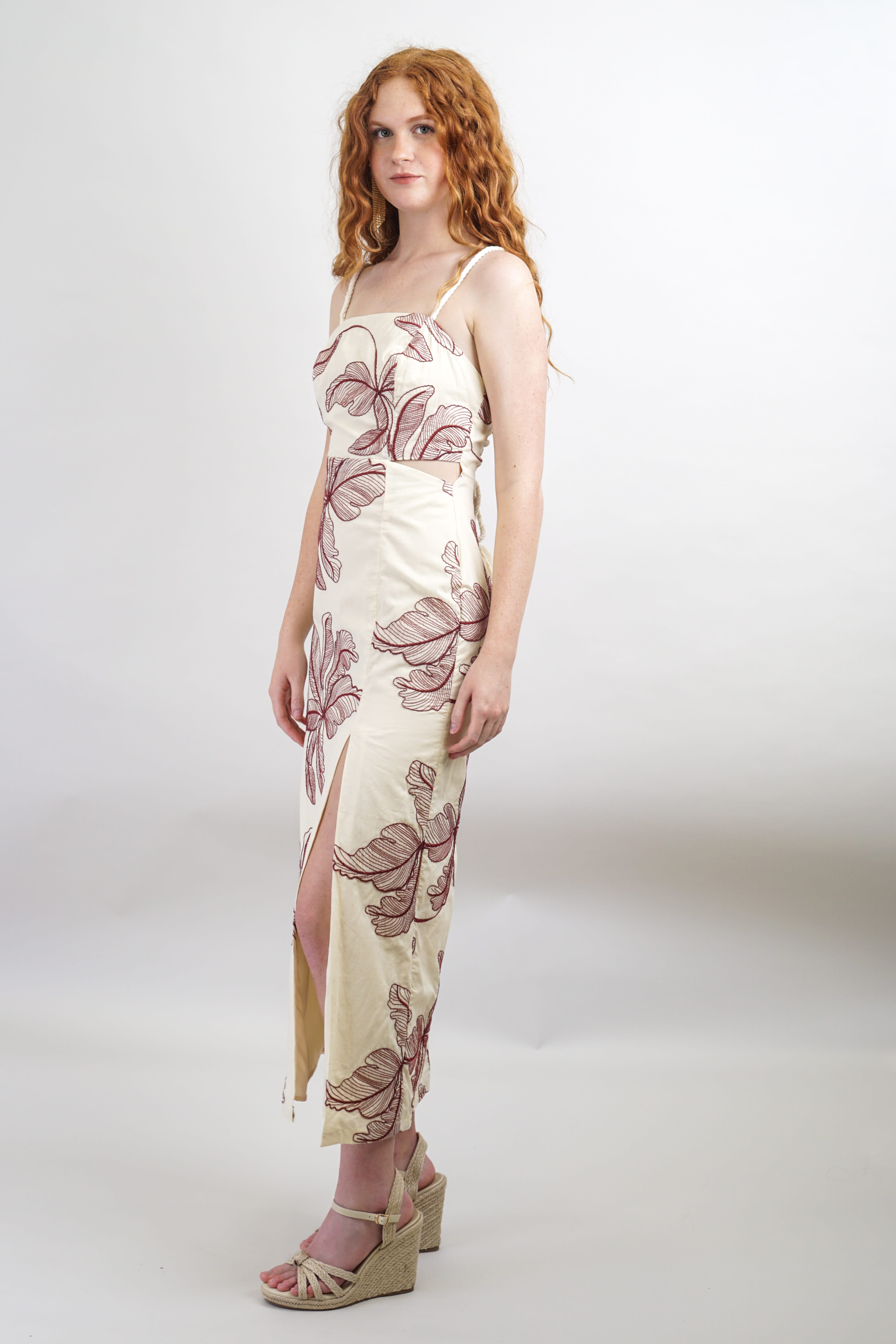 Private Label DRESSES Burgundy Ivory Embroidered Flower Midi Dress