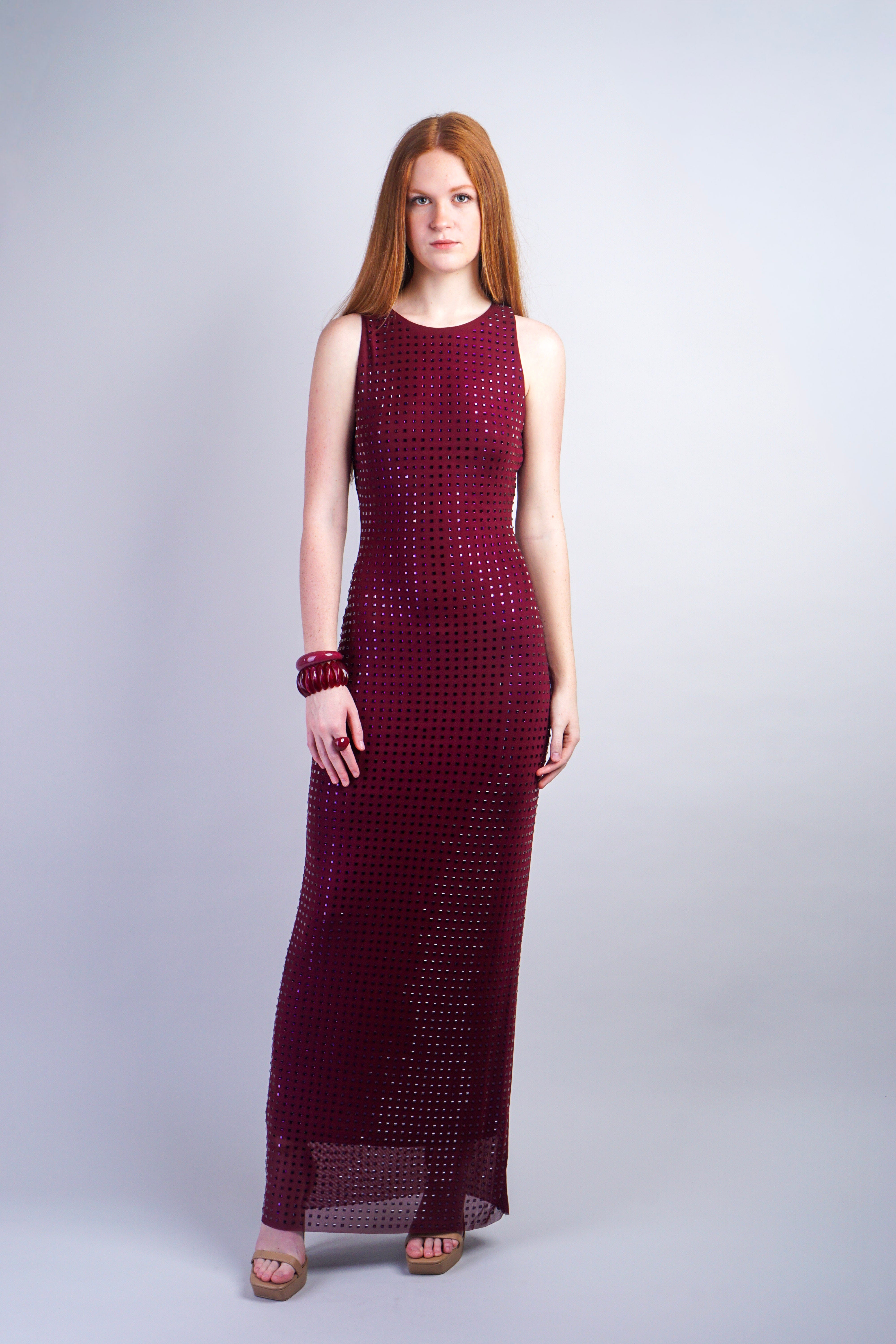 Private Label DRESSES Burgundy Rhinestone Mesh Maxi Dress
