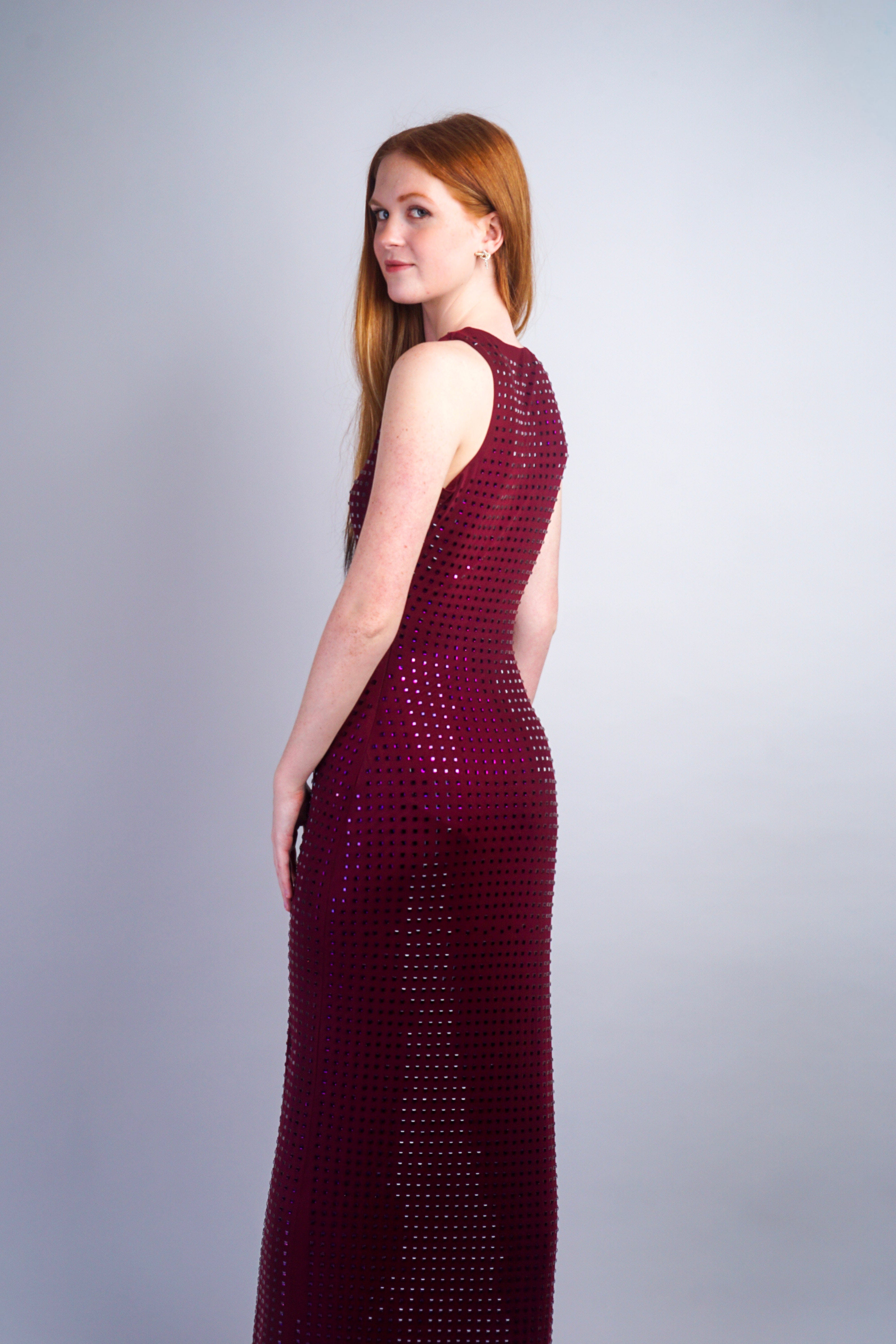 Private Label DRESSES Burgundy Rhinestone Mesh Maxi Dress