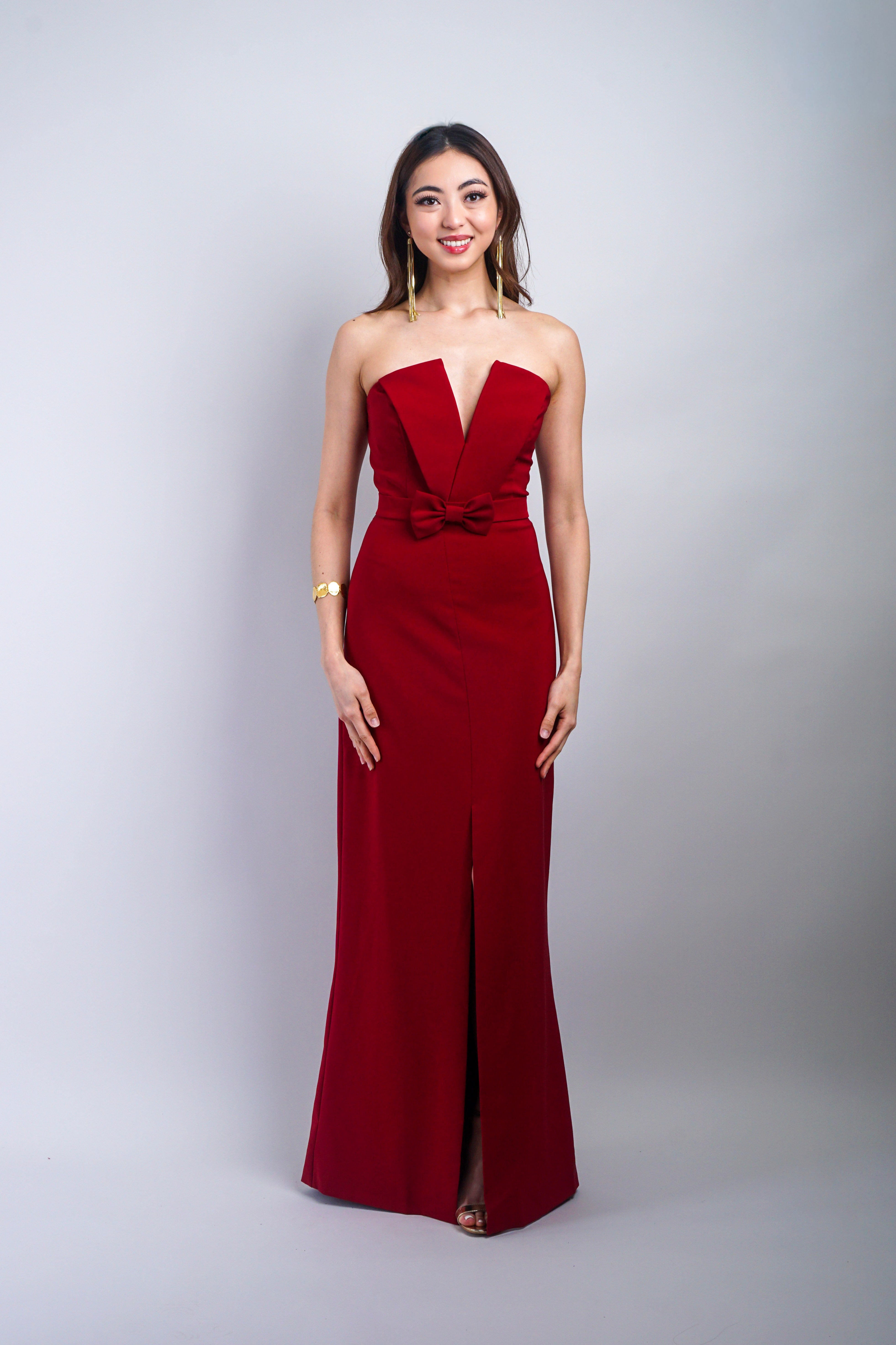 Private Label DRESSES Burgundy V Strapless Bow Slim Gown