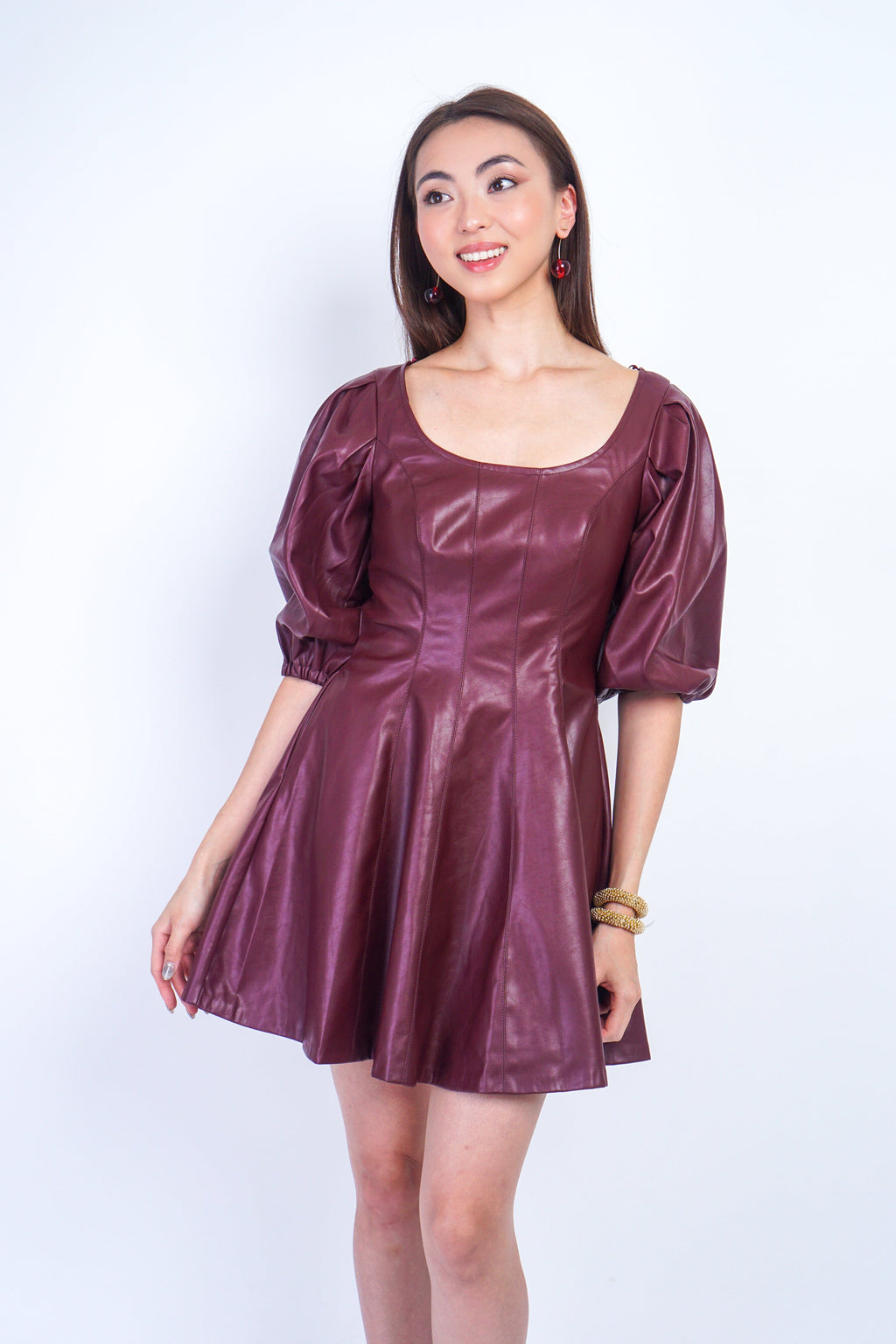 Burgundy Vegan Leather Puff Sleeve Flare Dress