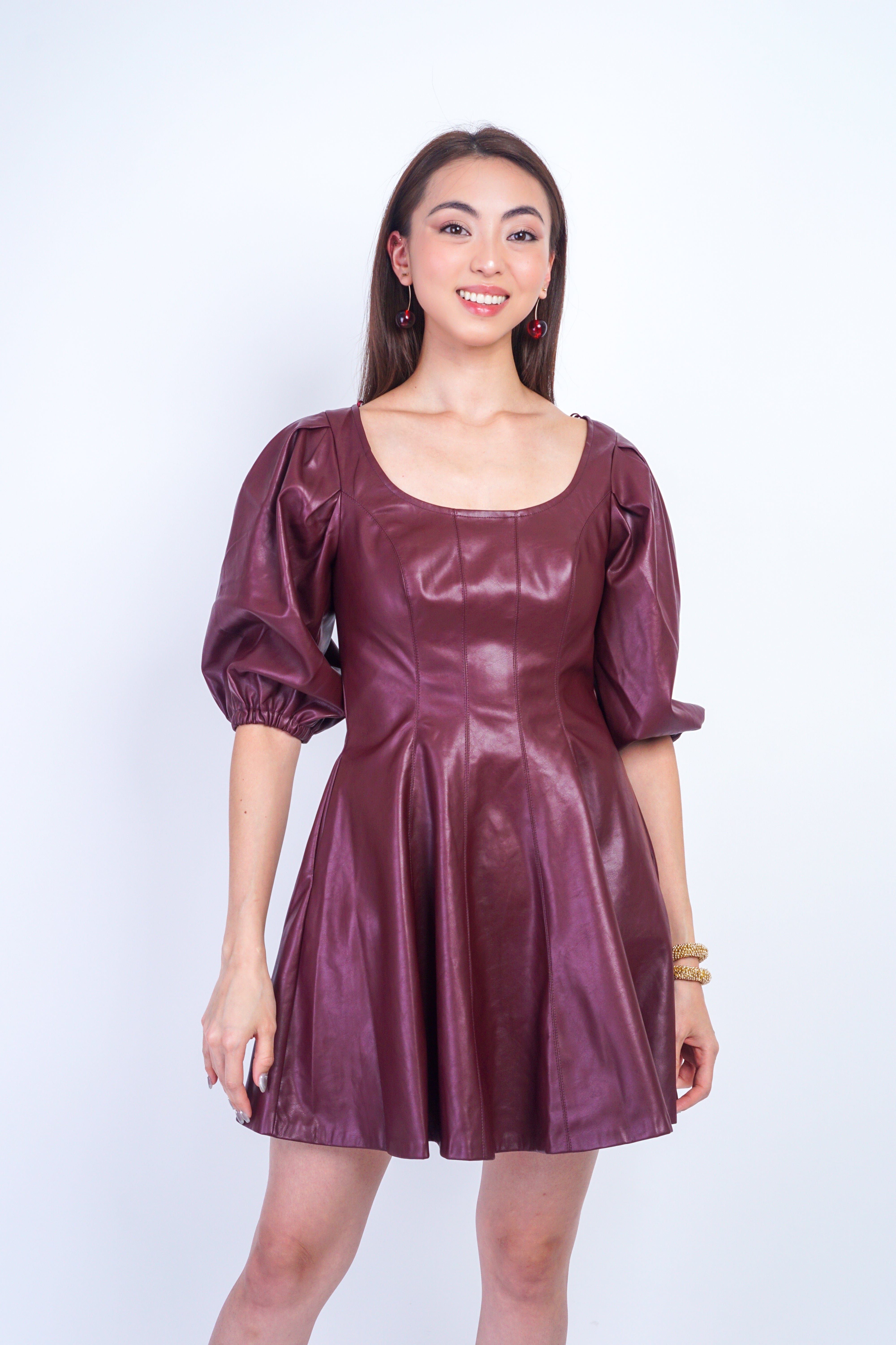 Private Label DRESSES Burgundy Vegan Leather   Puff Sleeve Flare Dress