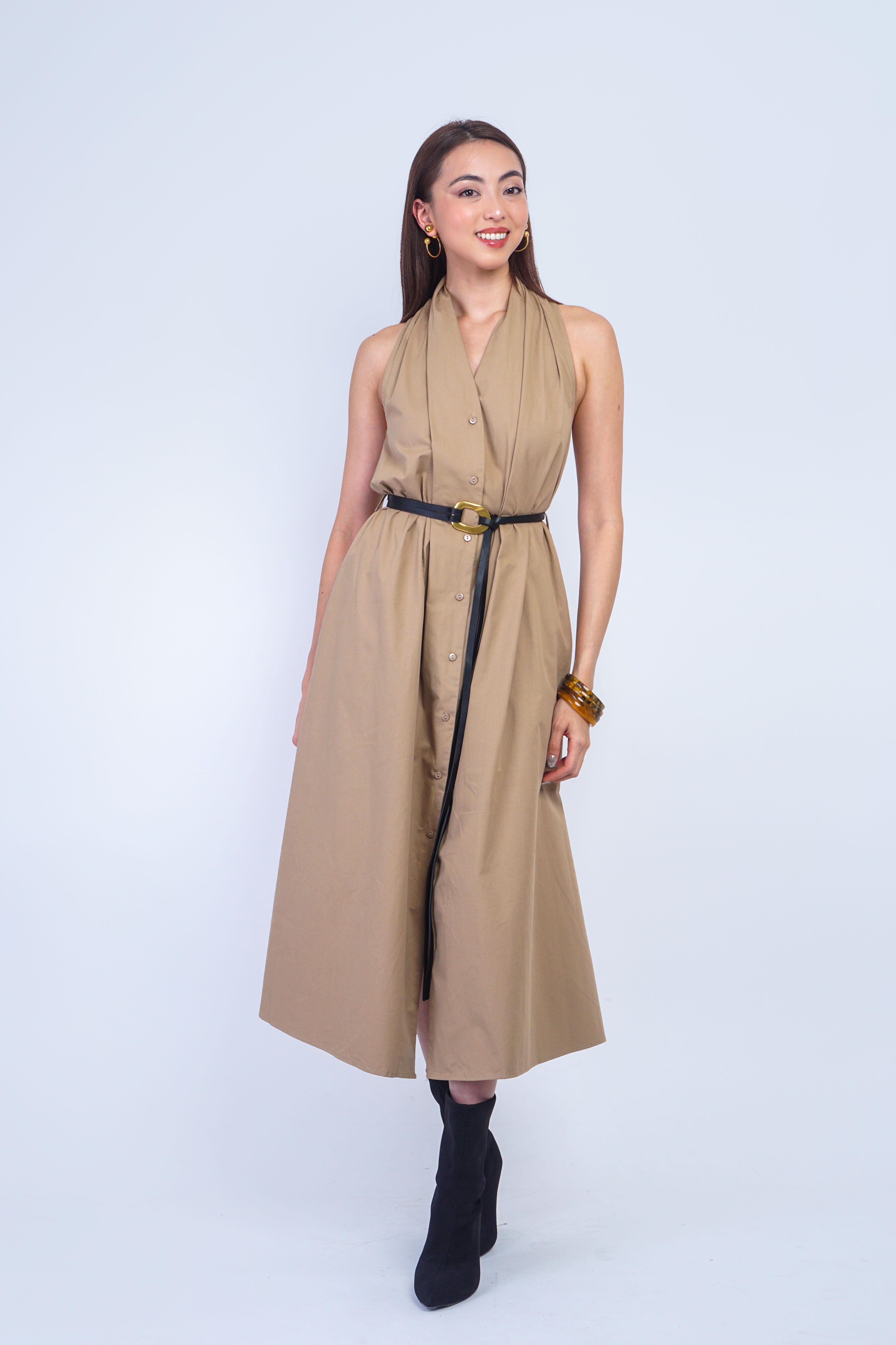 Private Label DRESSES Camel Halter Belted Maxi Dress