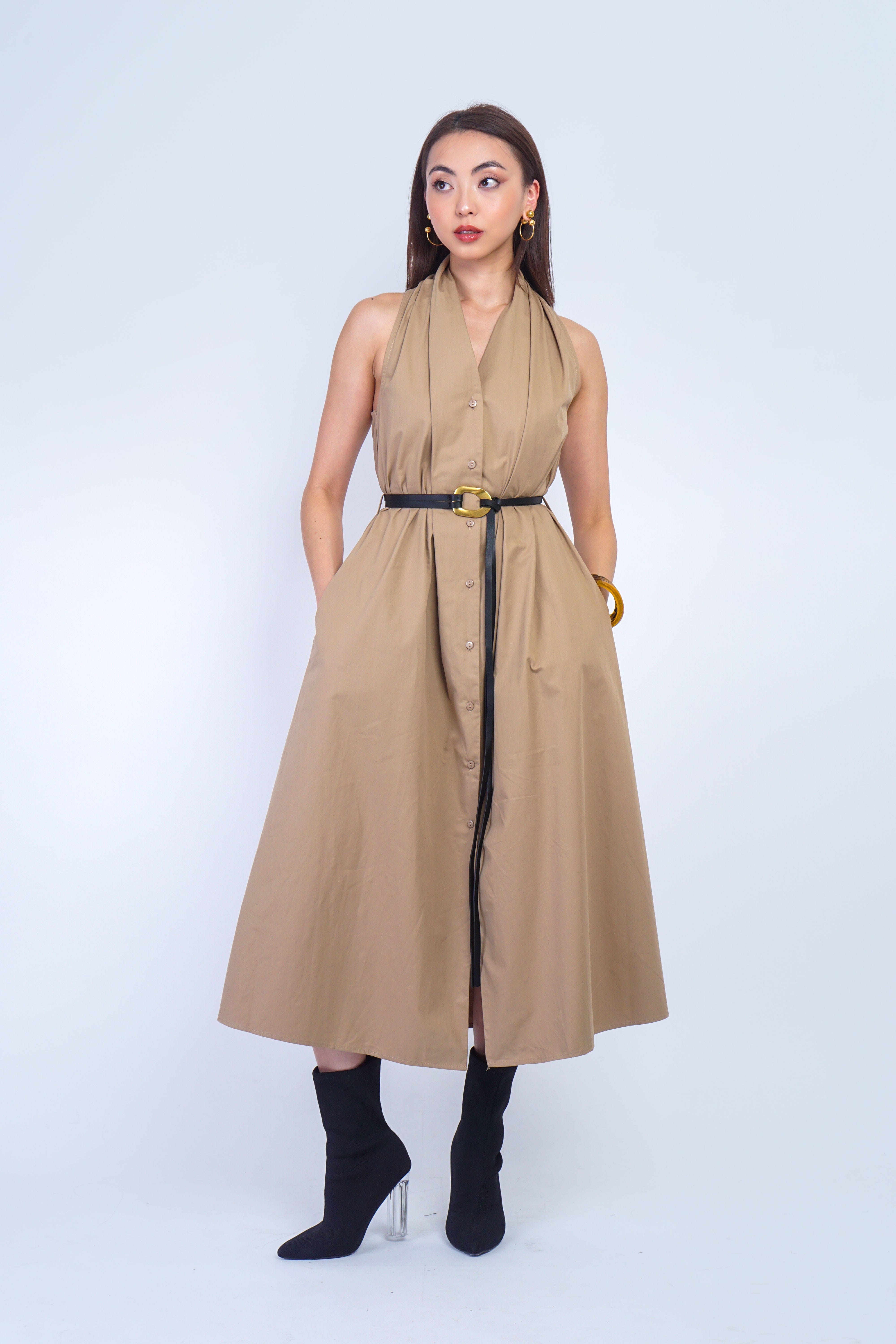Private Label DRESSES Camel Halter Belted Maxi Dress