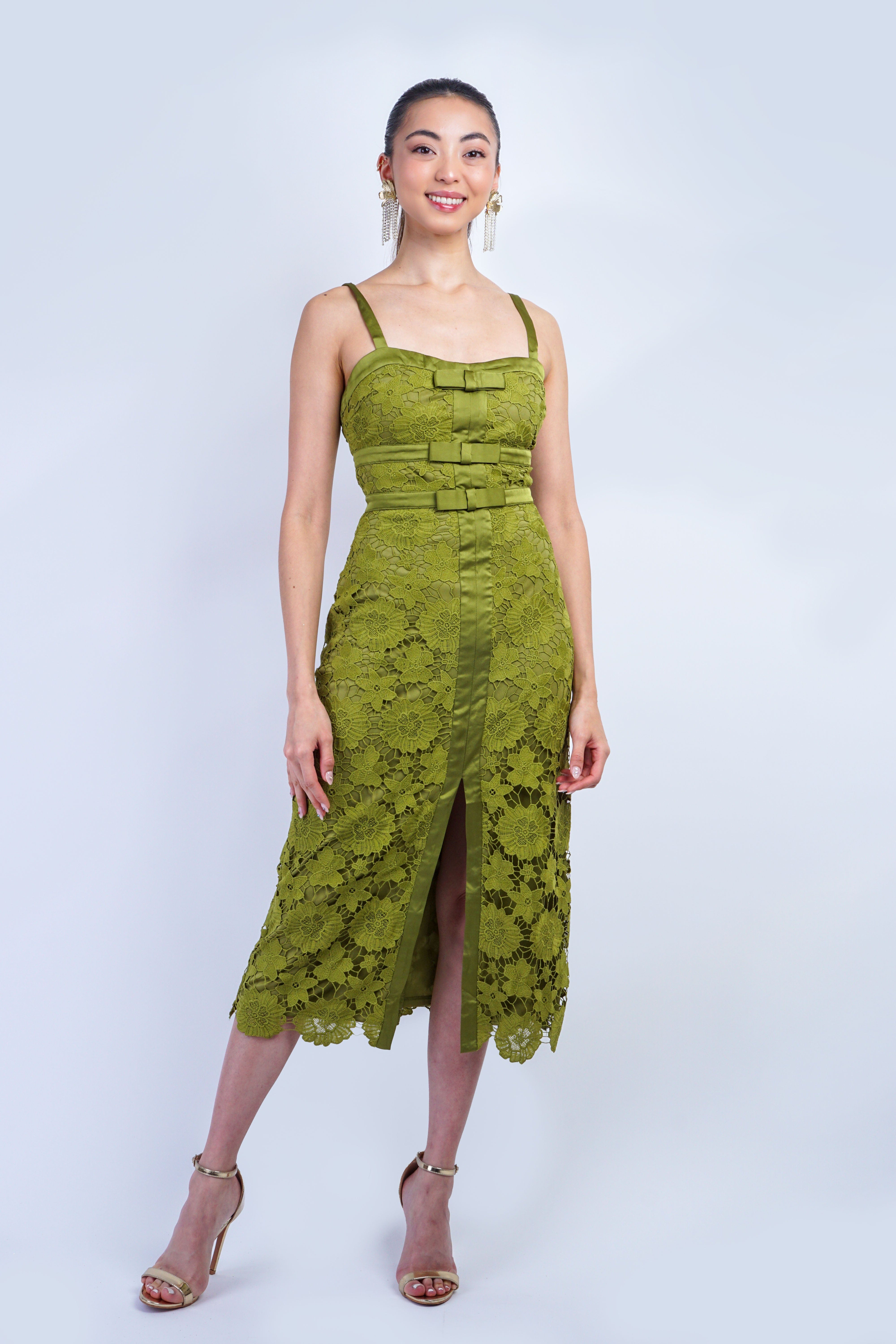 Private Label DRESSES Chartreuse Bow Floral Lace Midi Dress