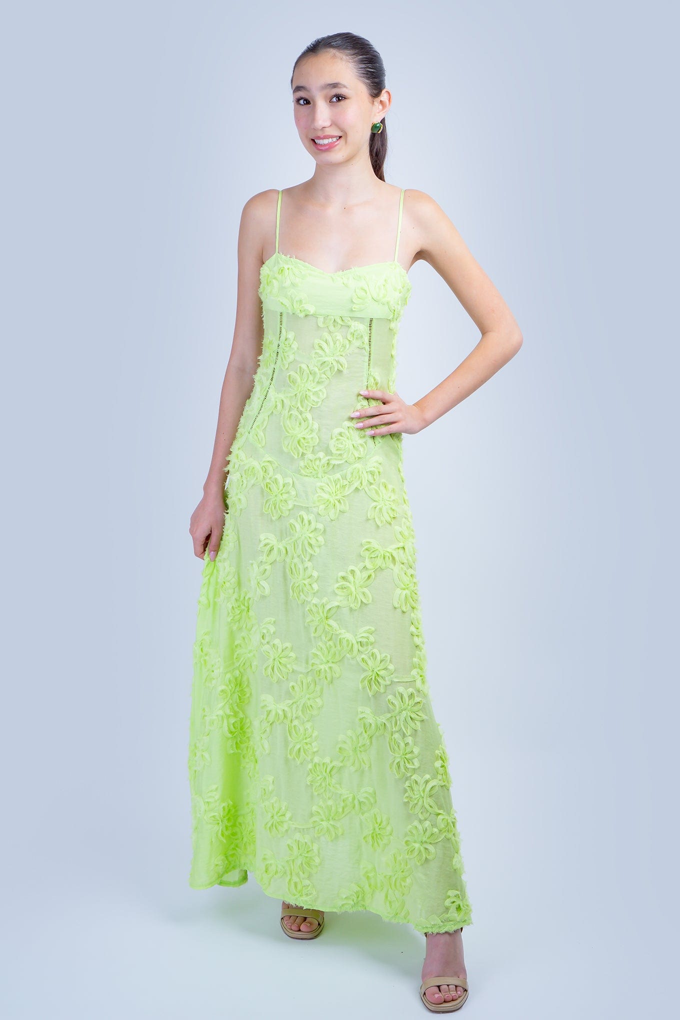 DCD DRESSES Chartreuse Floral 3D Maxi  Dress
