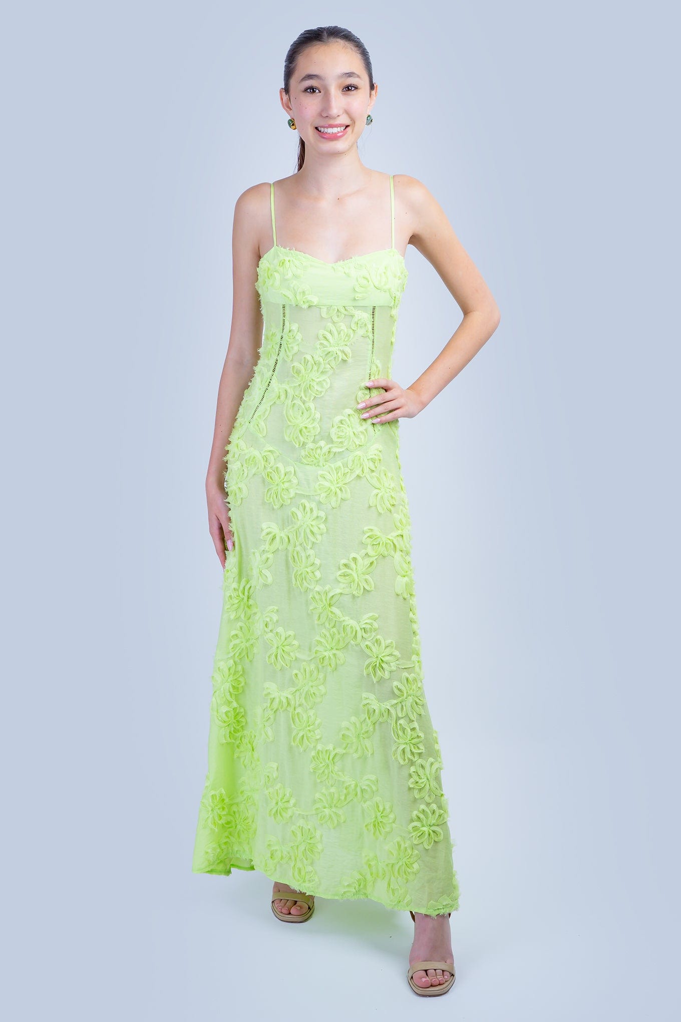 DCD DRESSES Chartreuse Floral 3D Maxi  Dress