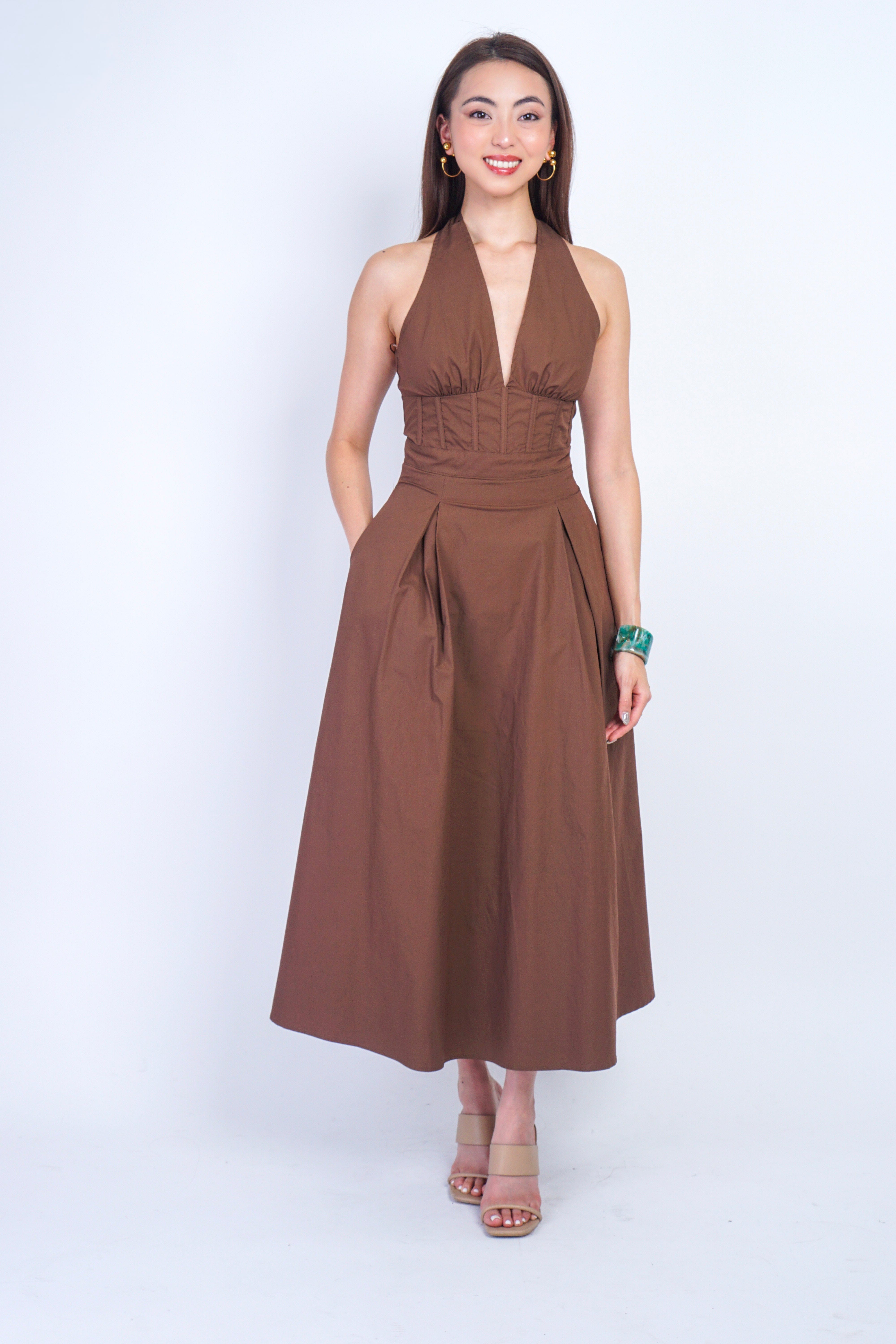 Private Label DRESSES Chocolate V Halter Corset Midi Dress