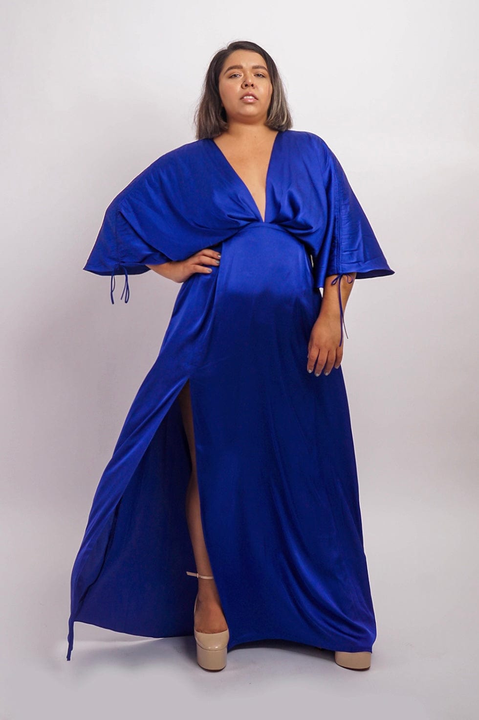 Chloe Dao DRESSES Cobalt Satin Pleated V Neck Kasumi Gown