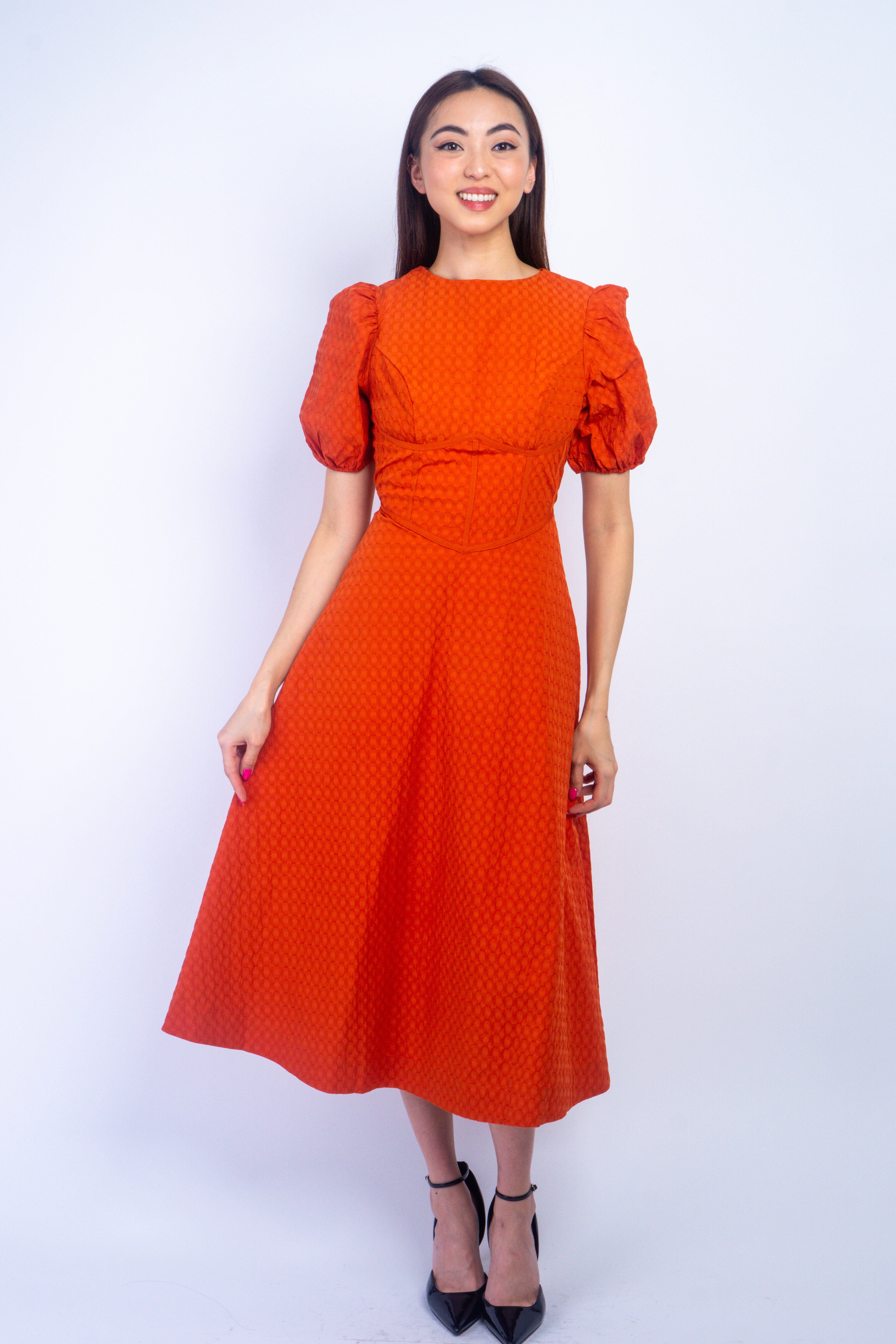 Private Label DRESSES Copper Corset Textured Puff Sleeve Midi Dress