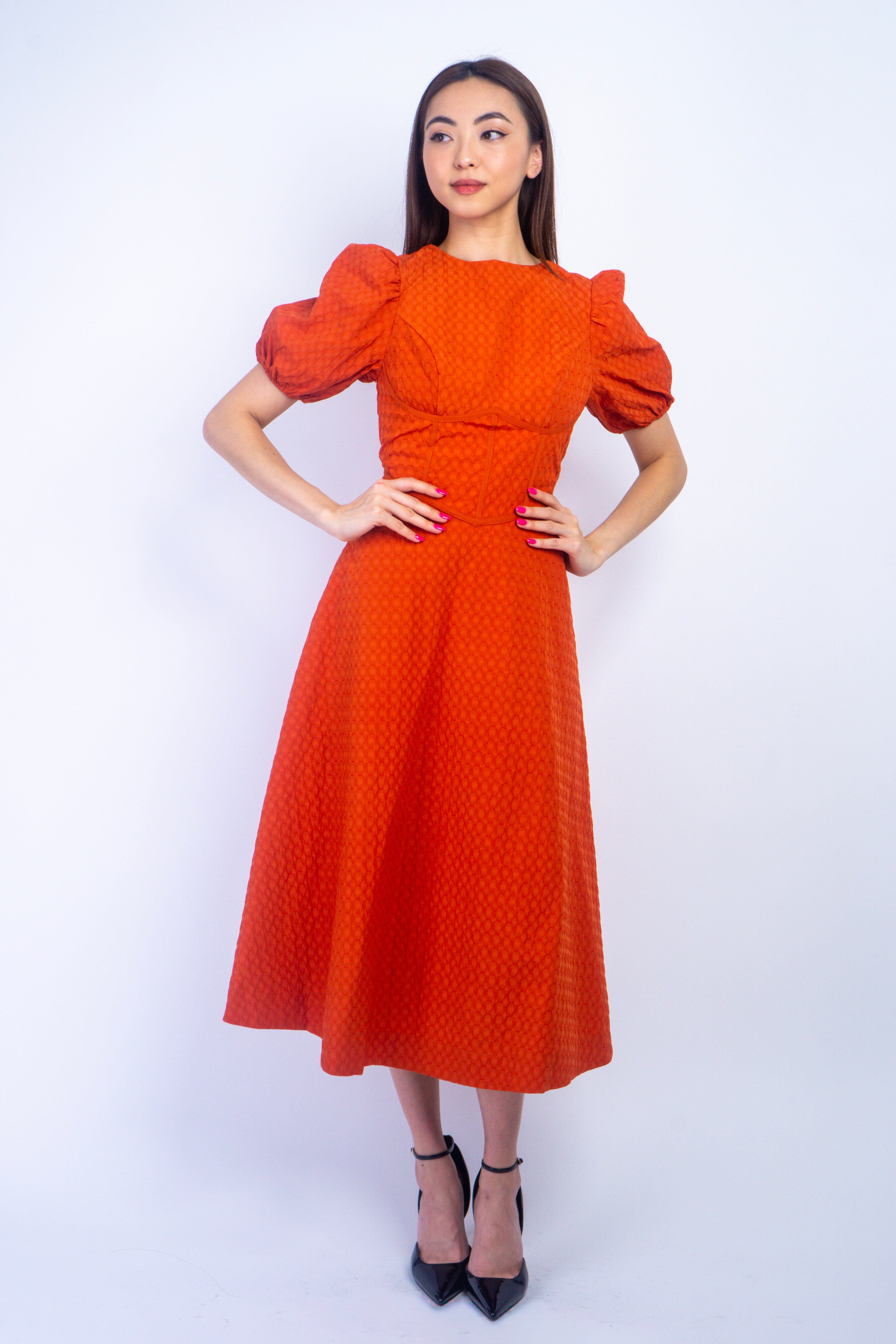 Private Label DRESSES Copper Corset Textured Puff Sleeve Midi Dress