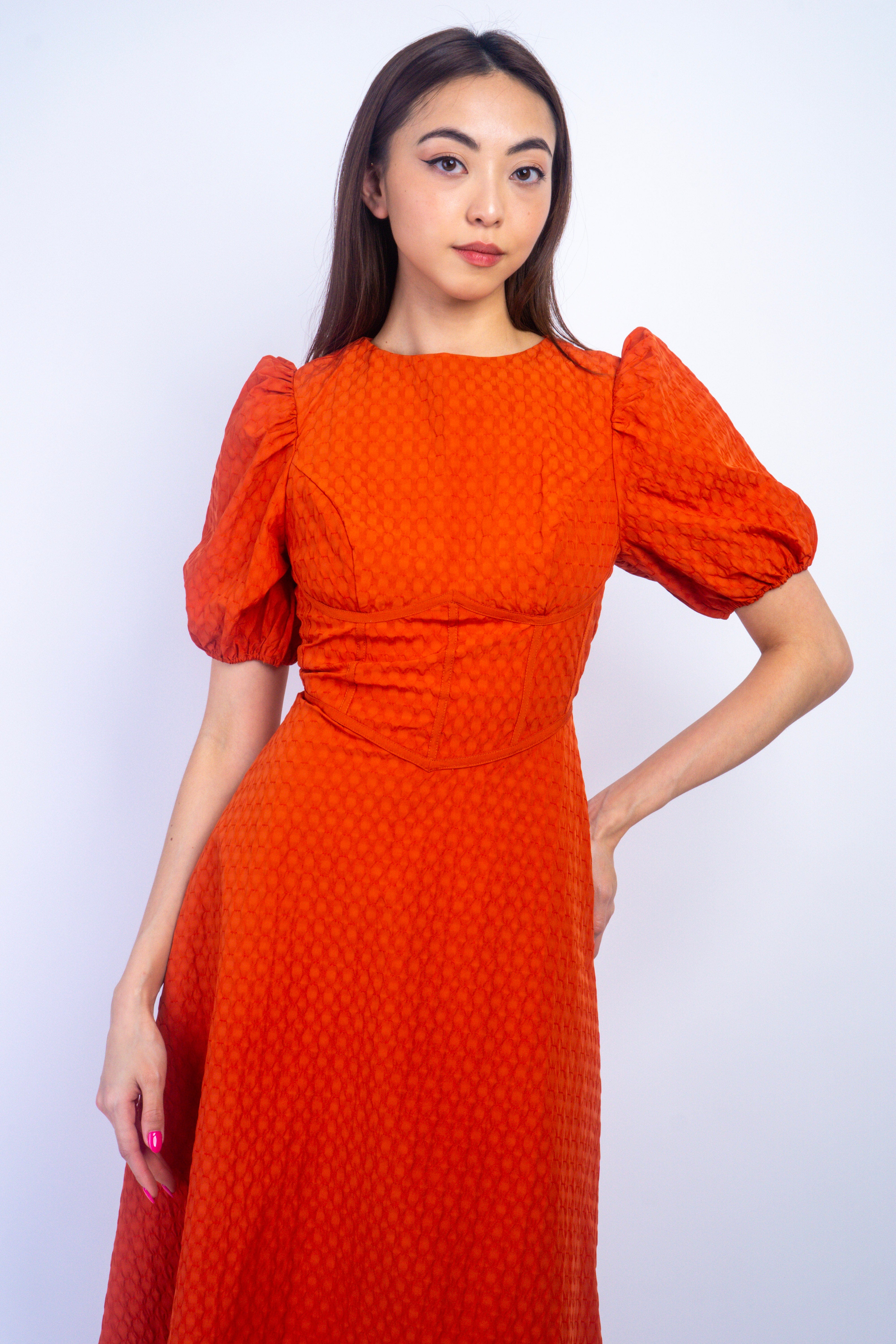 Private Label DRESSES Copper Corset Textured Puff Sleeve Midi Dress