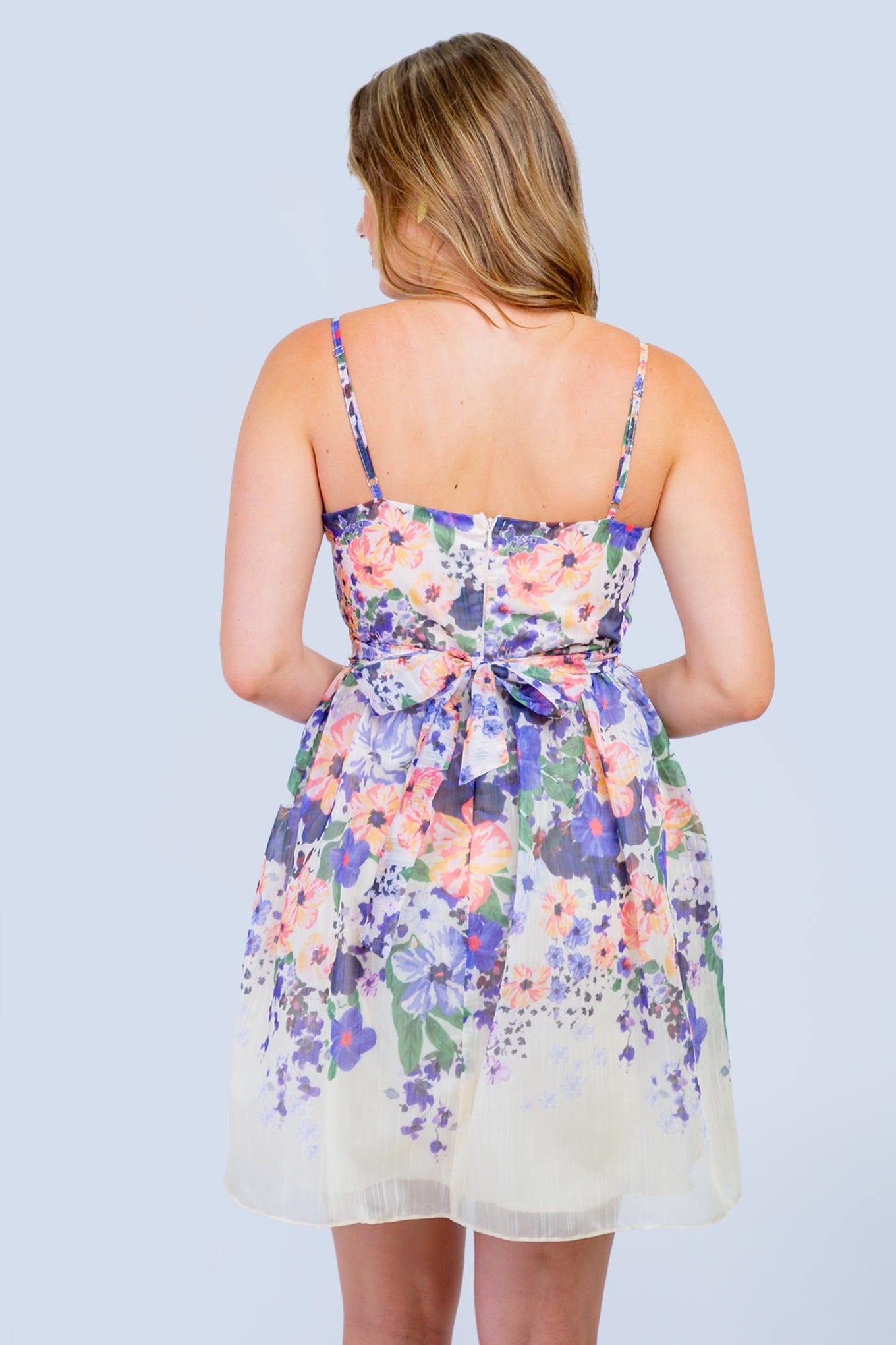 DCD DRESSES Cream Floral A Line Waist Tie Dress