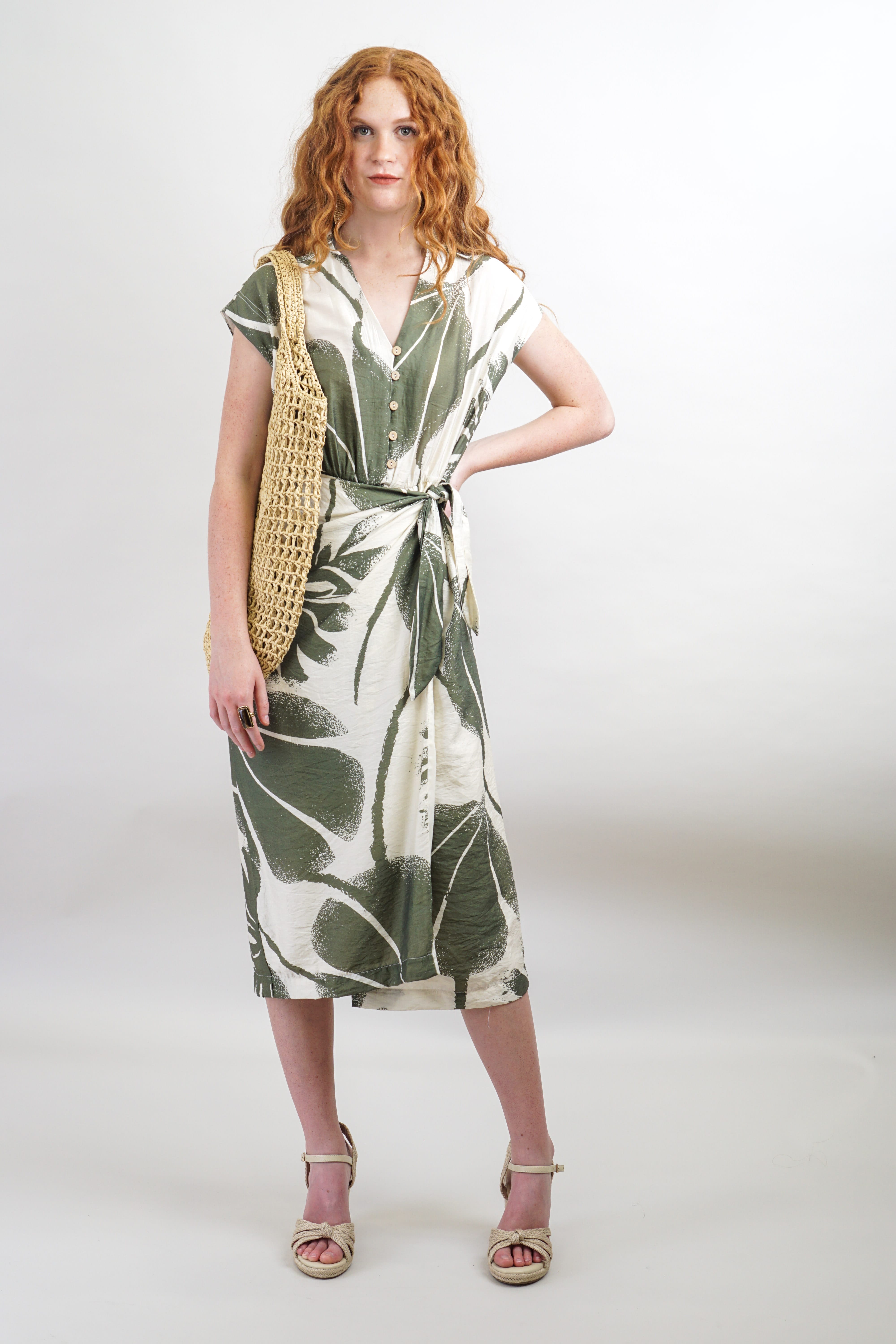 Cream & Olive Leaf Wrap Midi Dress | Women's Clothing and Accessories