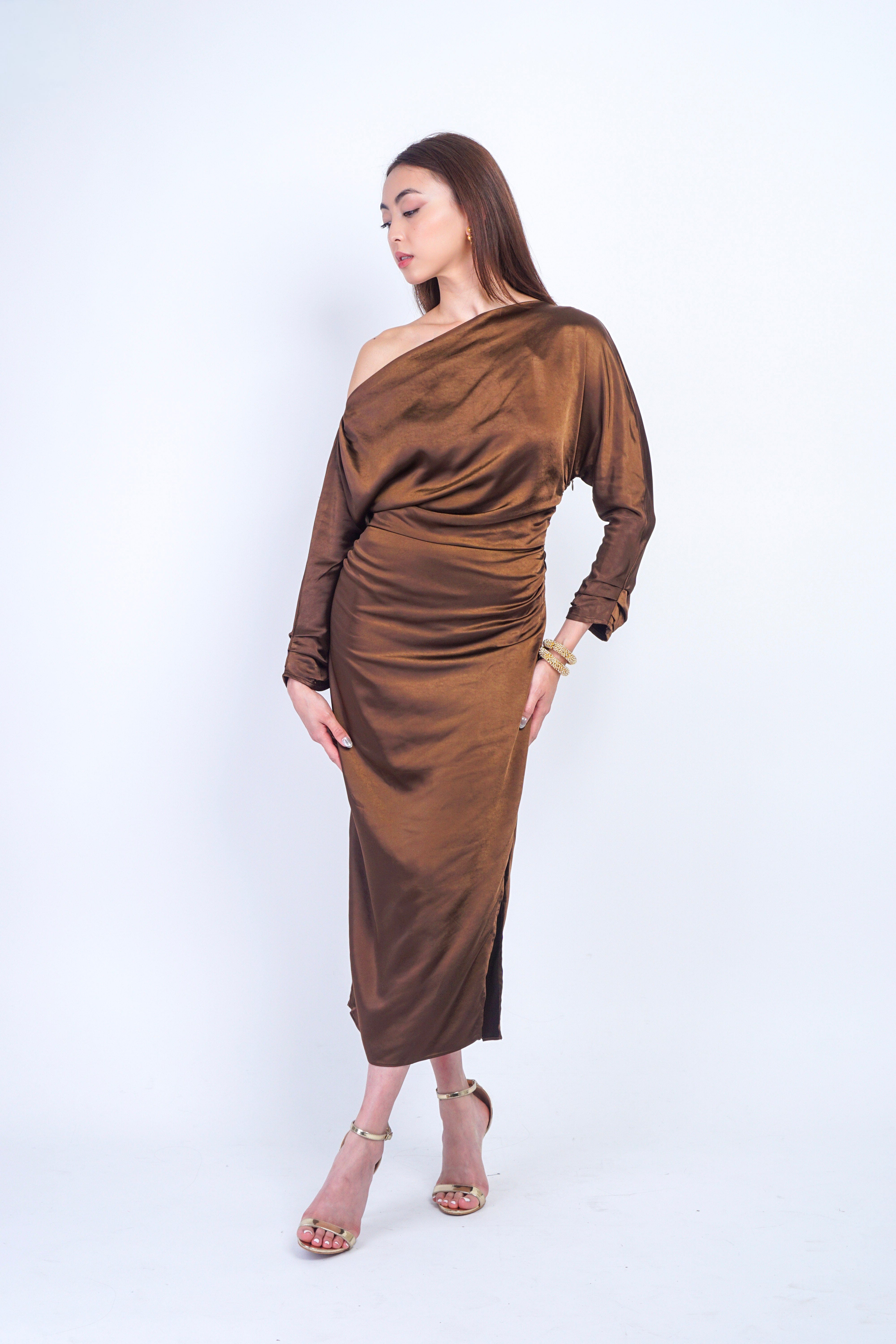 Private Label Dresses Espresso Off Shoulder Bias Sleeve Dress