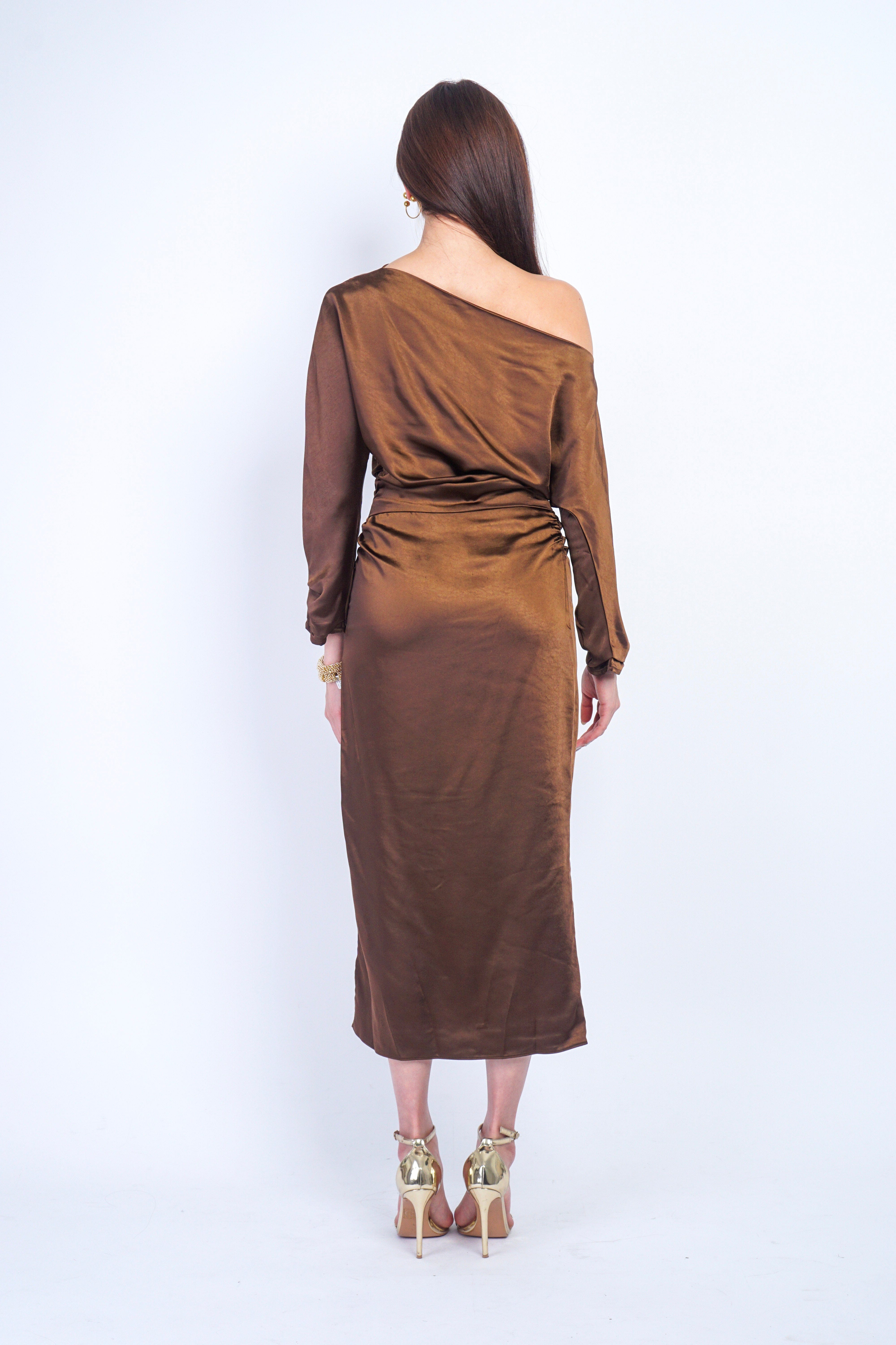 Private Label Dresses Espresso Off Shoulder Bias Sleeve Dress