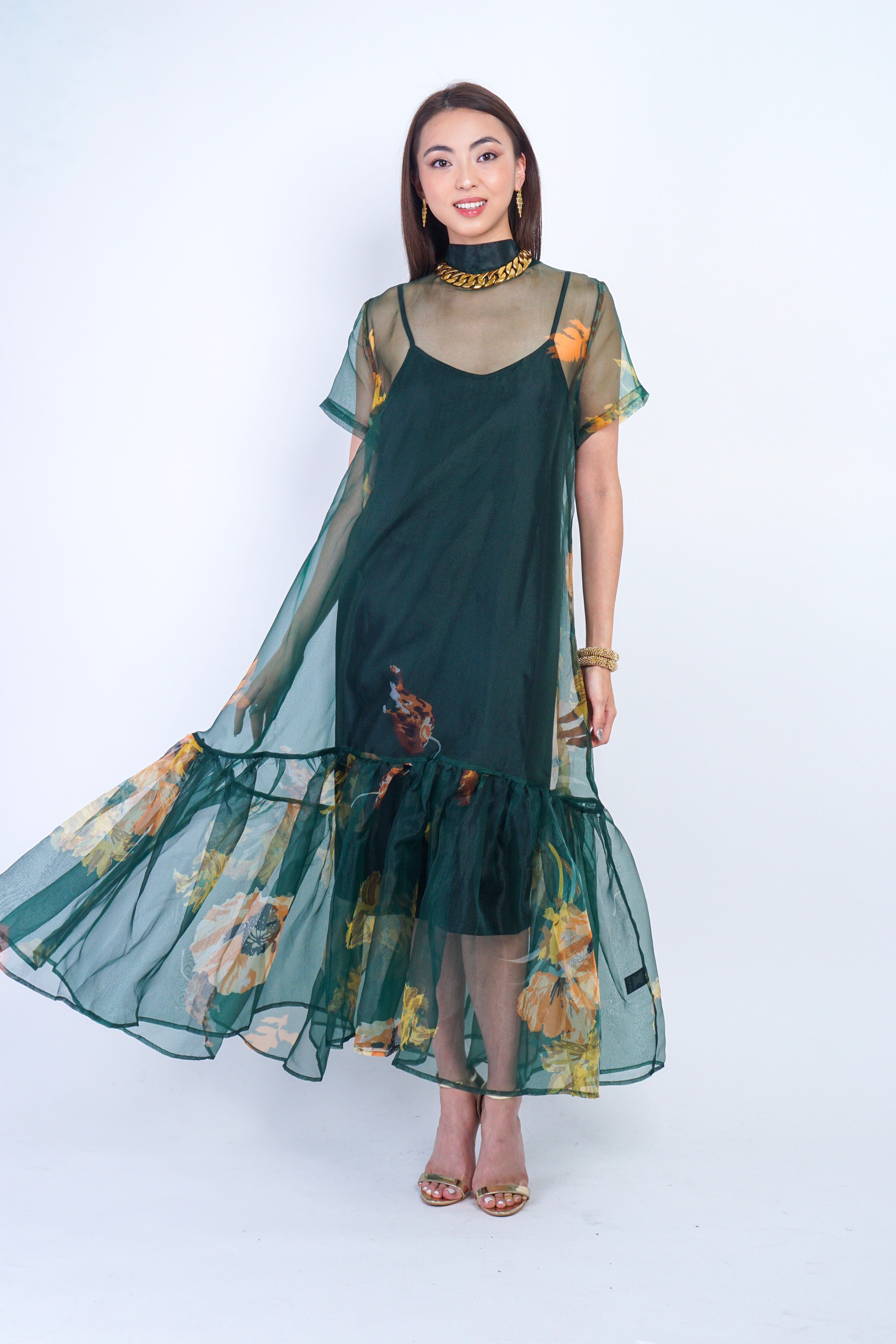 Private Label DRESSES Green Gold/Orange Floral Organza Maxi Dress