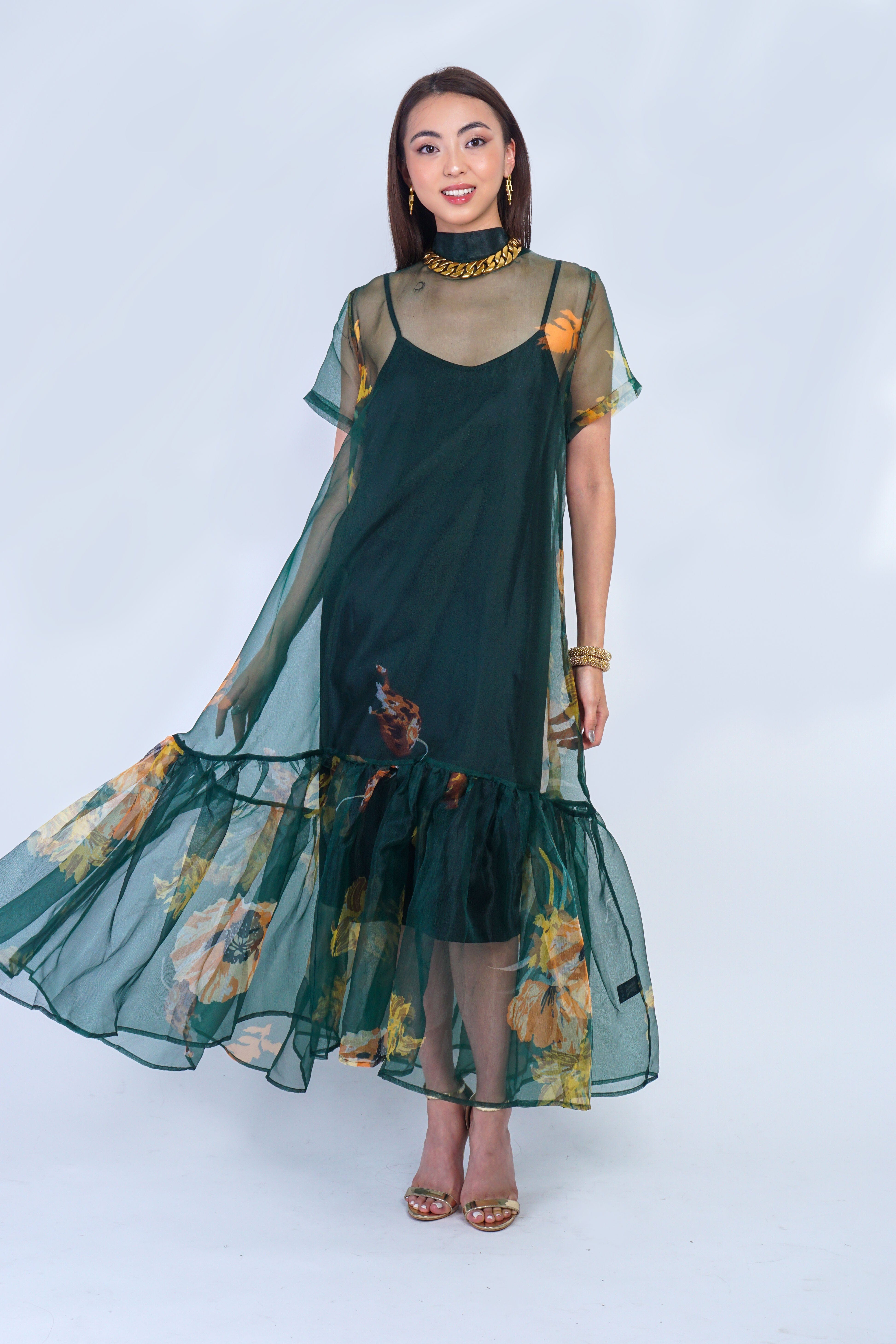 Private Label DRESSES Green Gold/Orange Floral Organza Maxi Dress