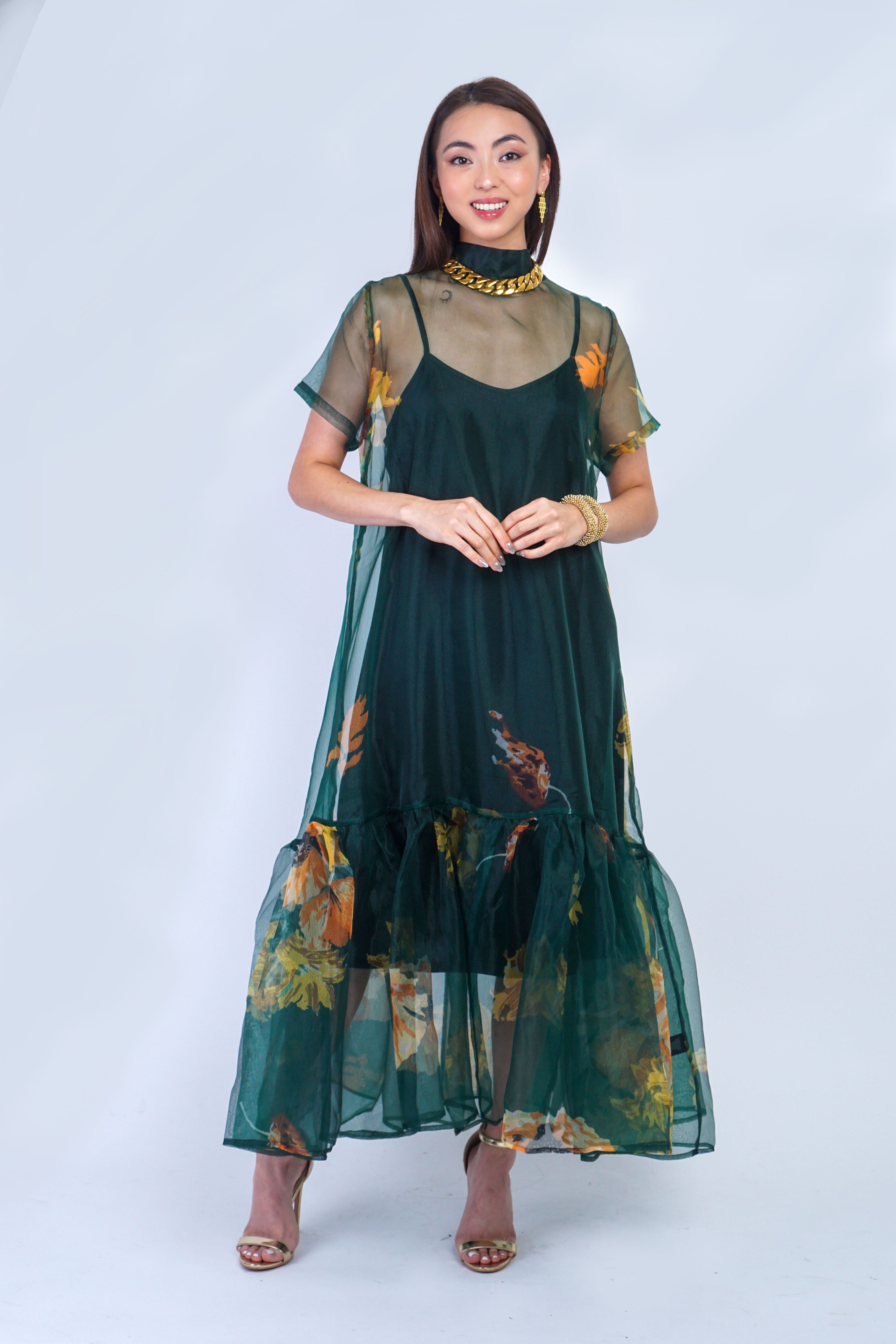 Private Label DRESSES Green Gold/Orange Floral Organza Maxi Dress