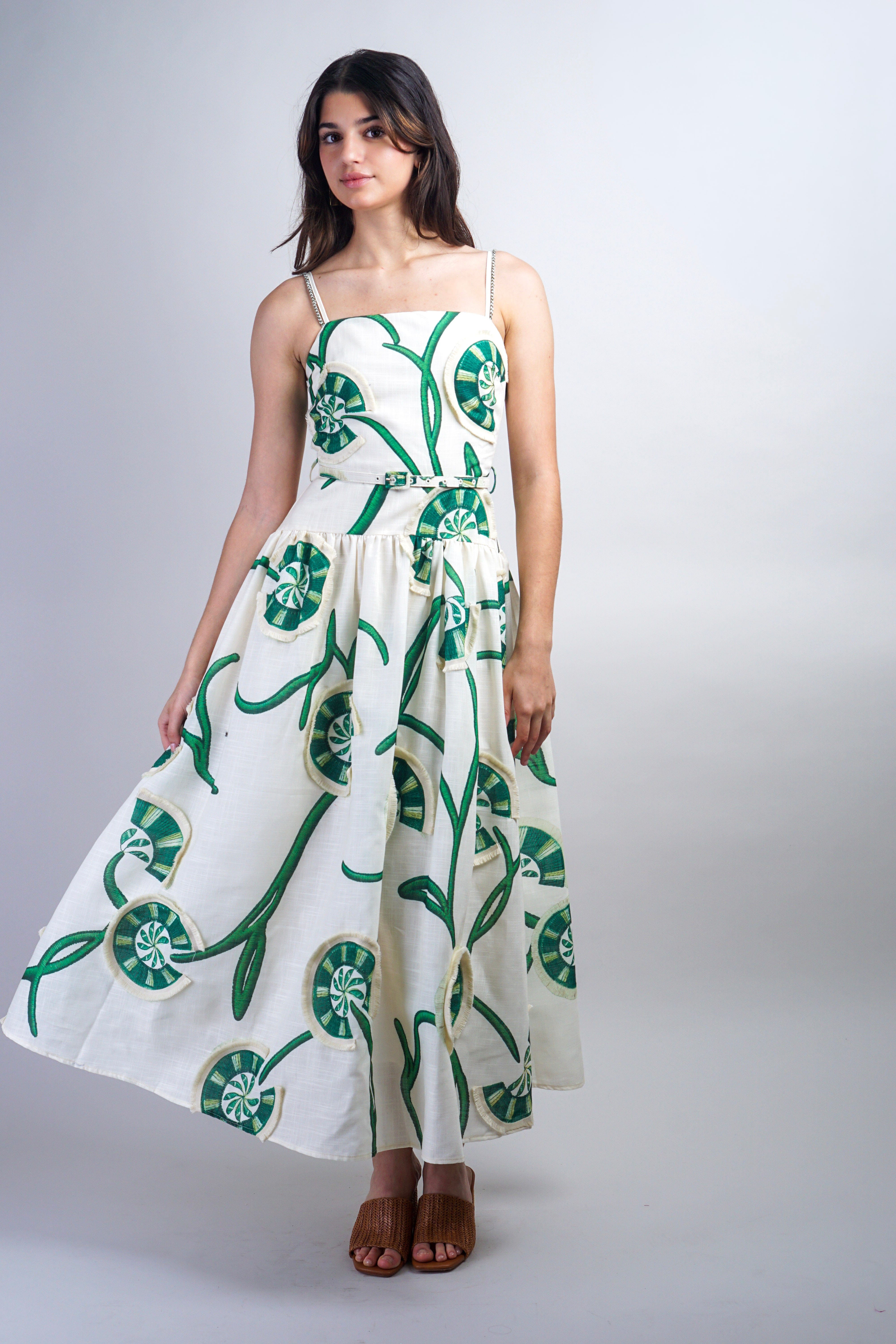 Private Label DRESSES Green Ivory Flower Vine Dress with Cord