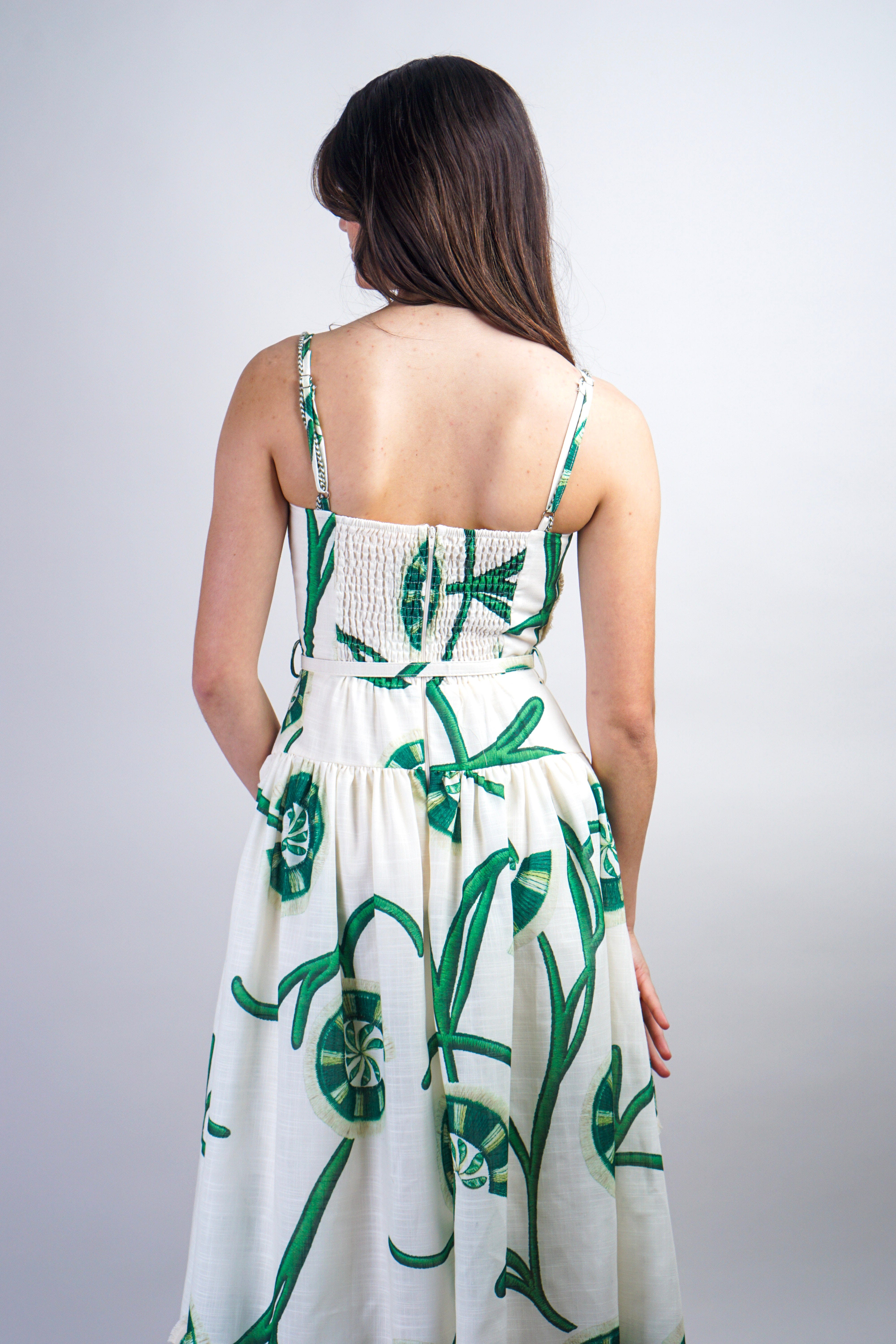 Private Label DRESSES Green Ivory Flower Vine Dress with Cord