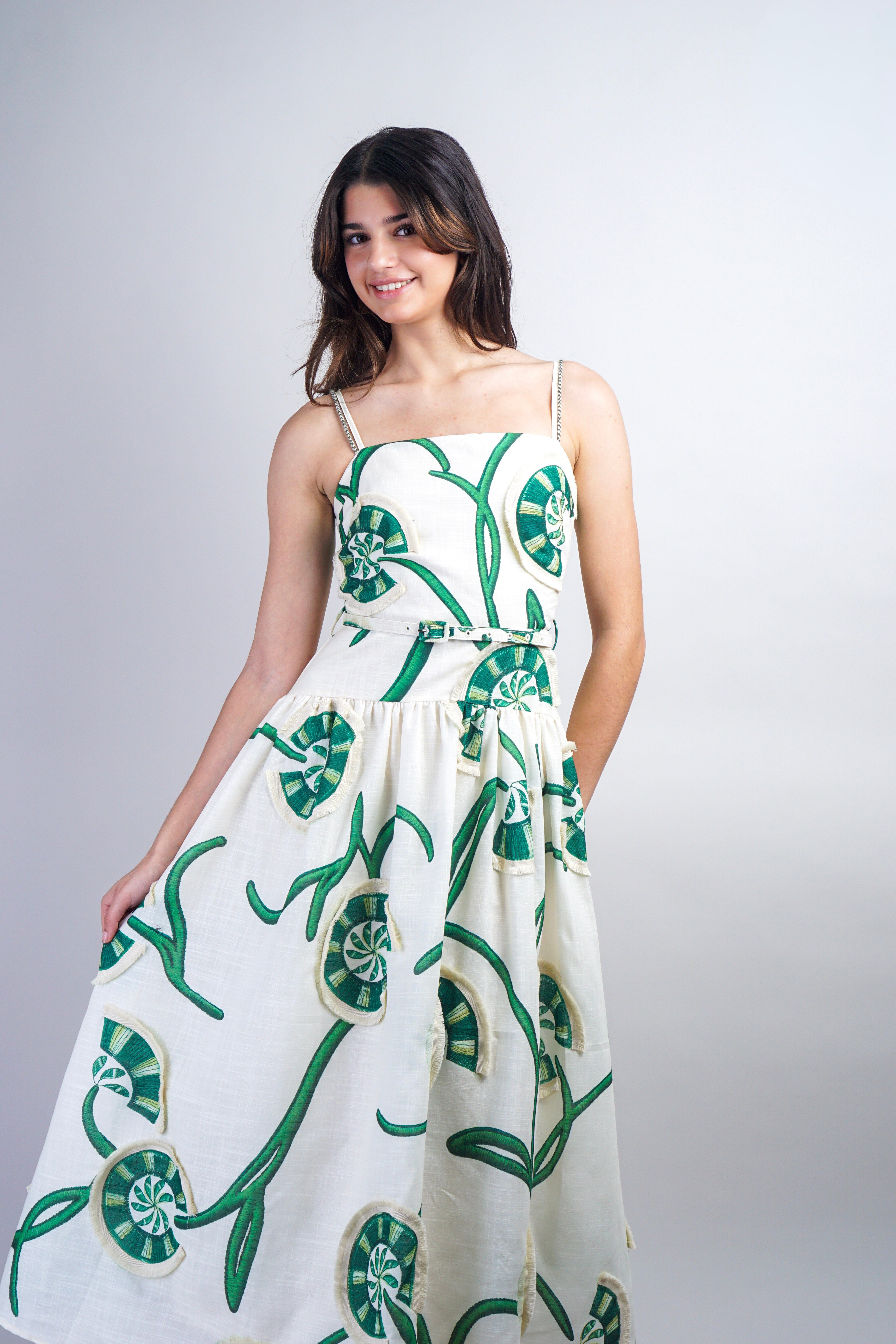 Private Label DRESSES Green Ivory Flower Vine Dress with Cord