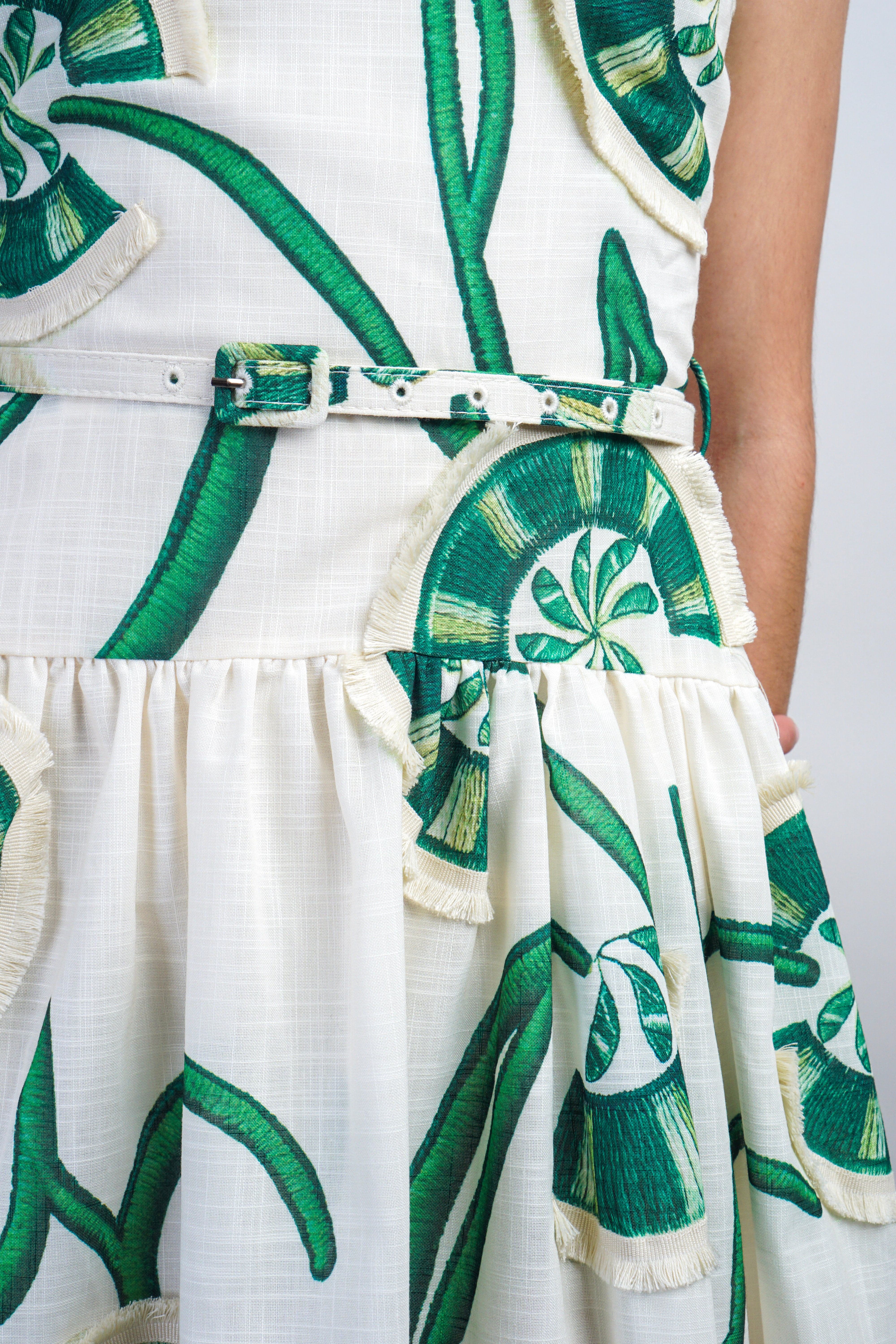 Private Label DRESSES Green Ivory Flower Vine Dress with Cord