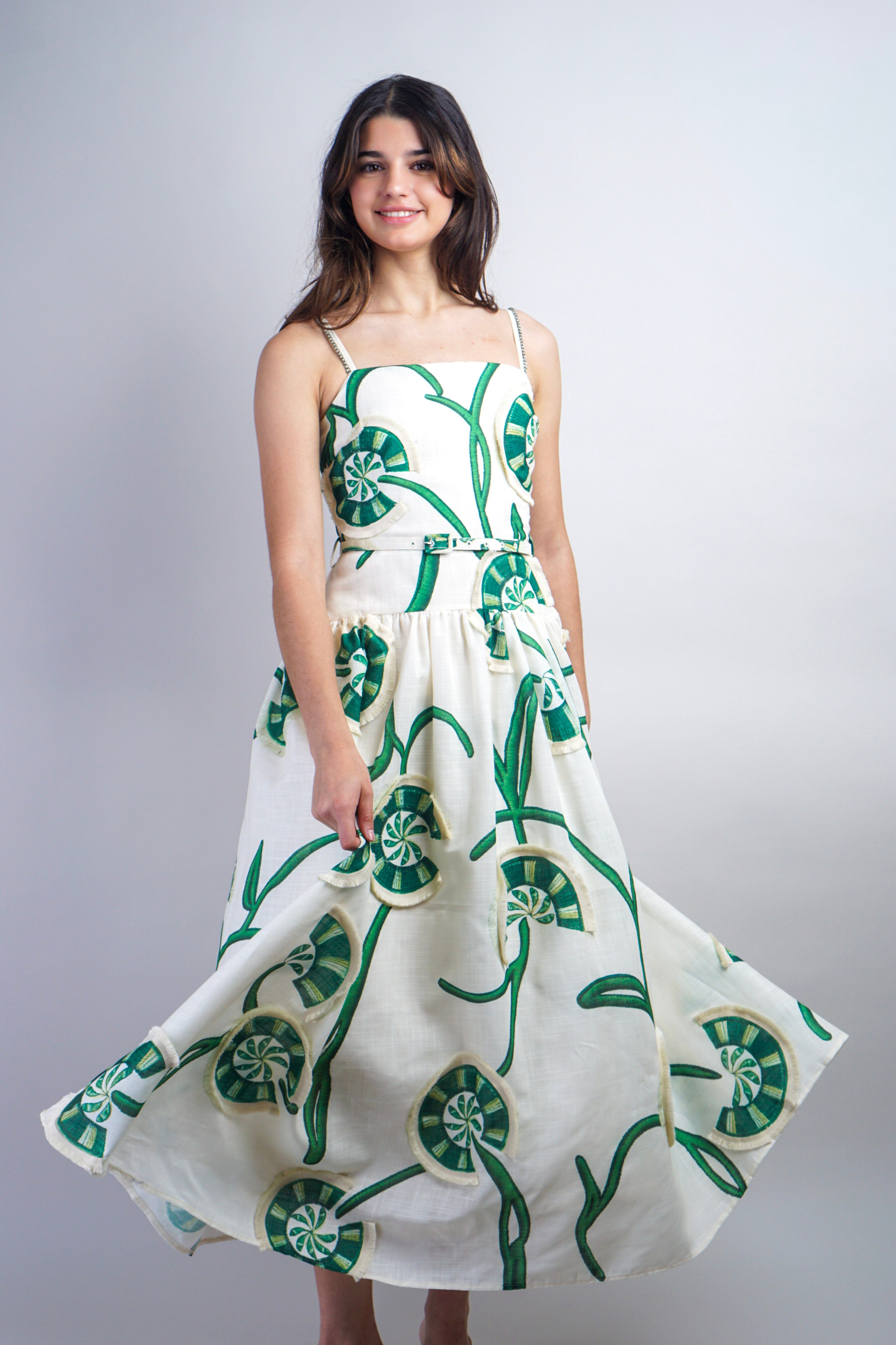 Private Label DRESSES Green Ivory Flower Vine Dress with Cord