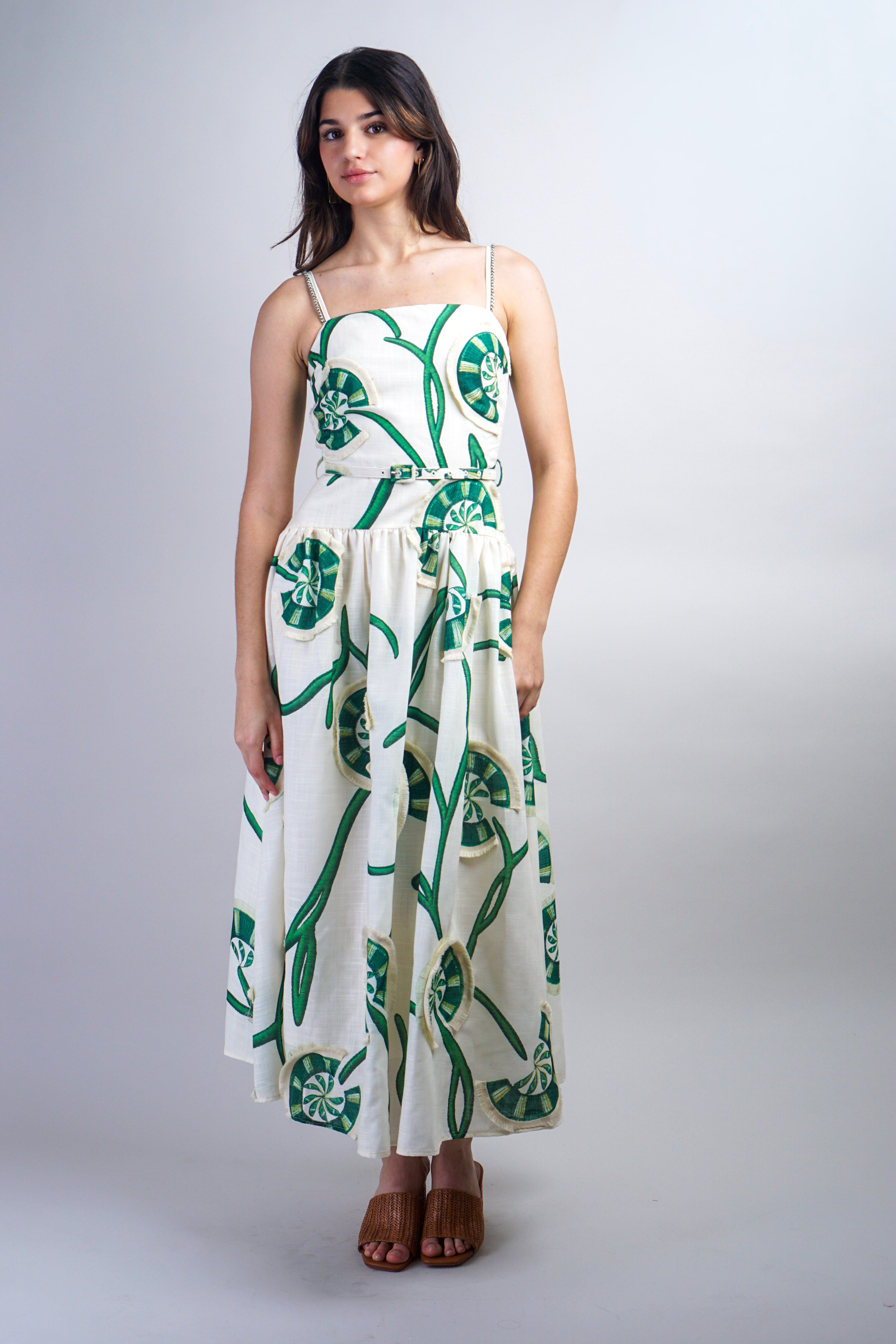 Private Label DRESSES Green Ivory Flower Vine Dress with Cord