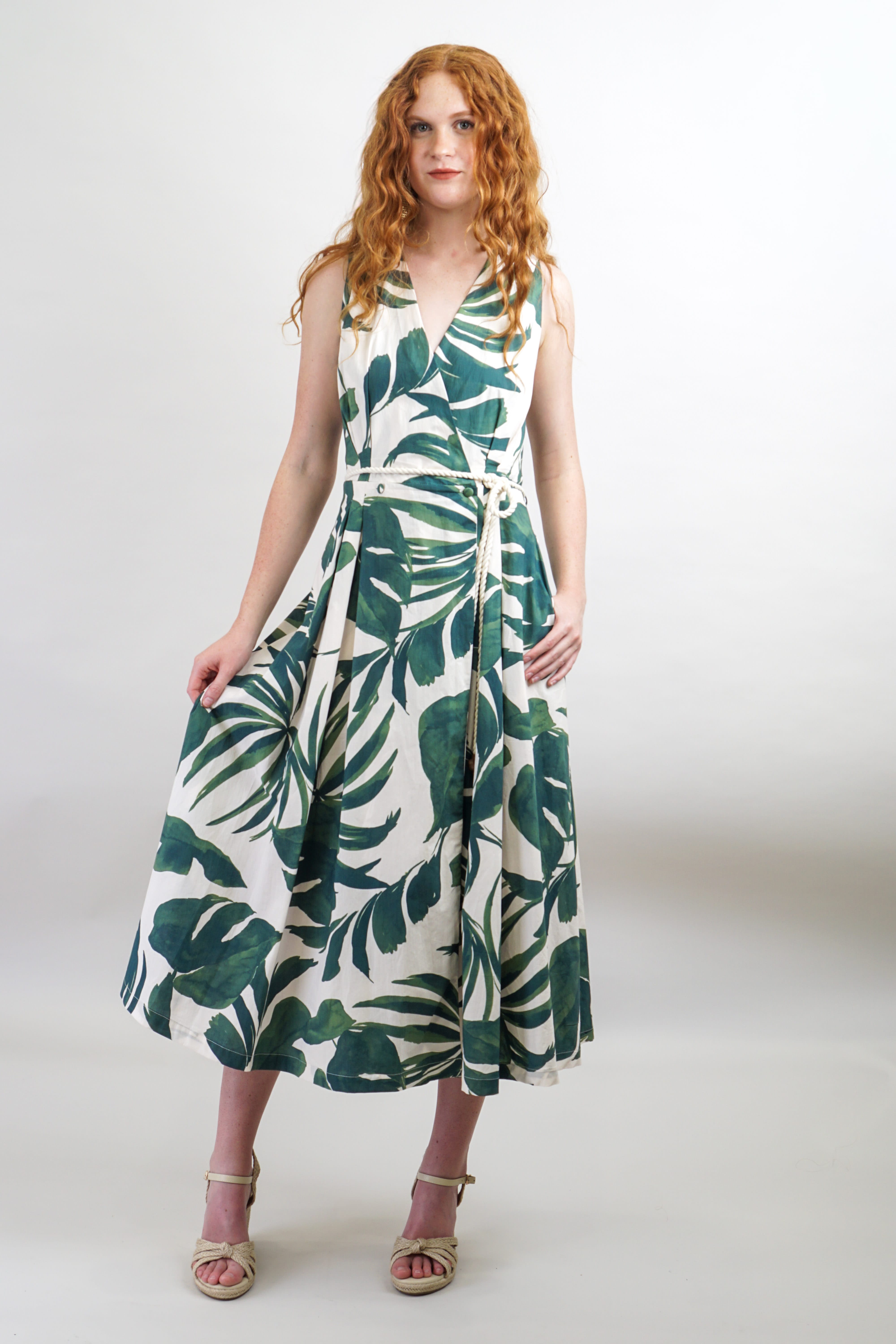 Private Label DRESSES Green & Ivory Wrap Cotton Midi Dress