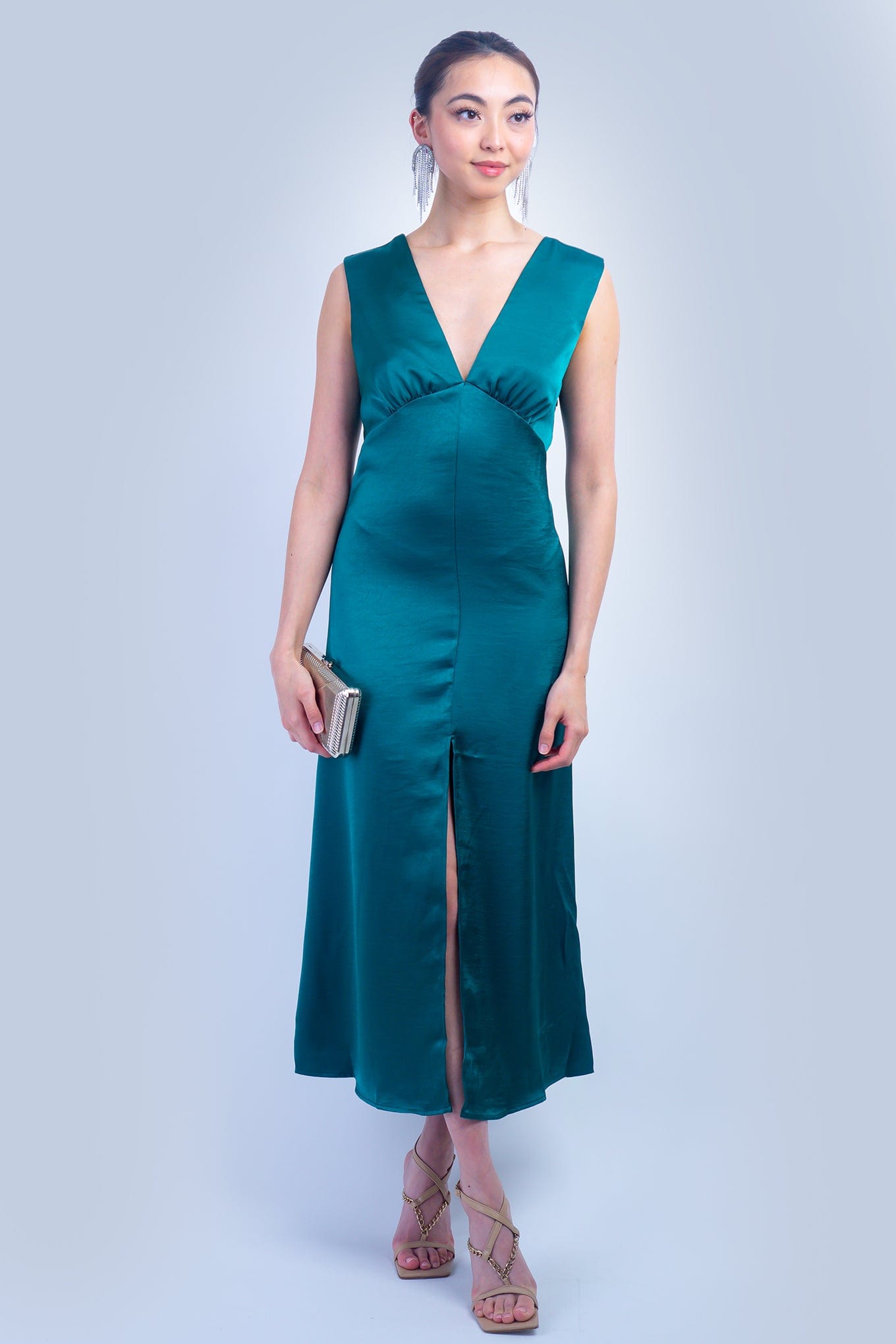DCD DRESSES Green Satin Twist Back Maxi Dress