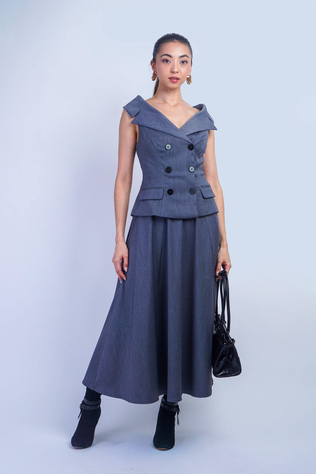 Grey Boat Neck Double Breasted Midi Dress | Women's Clothing and Accessories Grey Boat Neck Double Breasted Midi Dress | Women's Clothing and Accessories