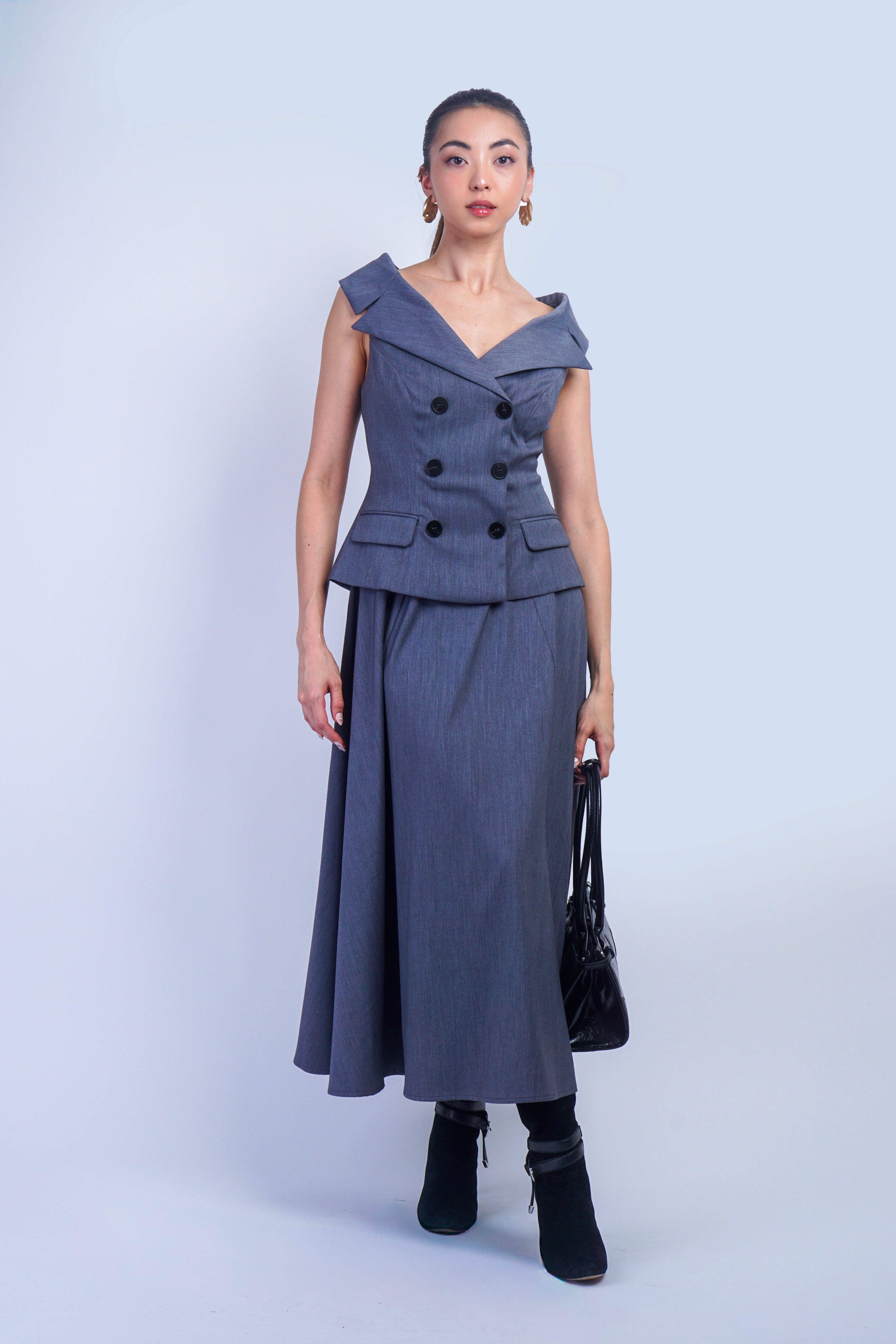 Private Label DRESSES Grey Boat Neck Double Breasted Midi Dress