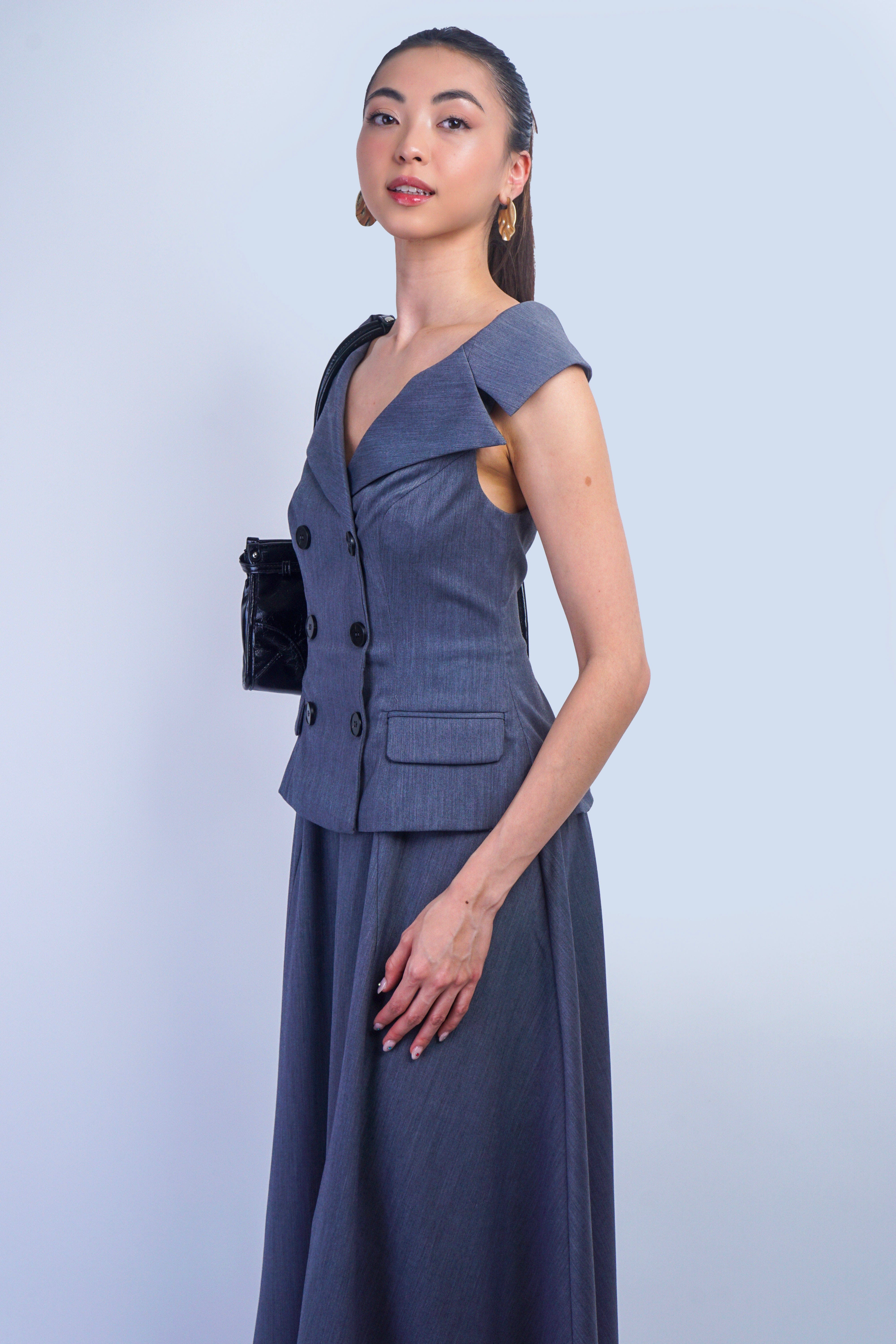 Private Label DRESSES Grey Boat Neck Double Breasted Midi Dress