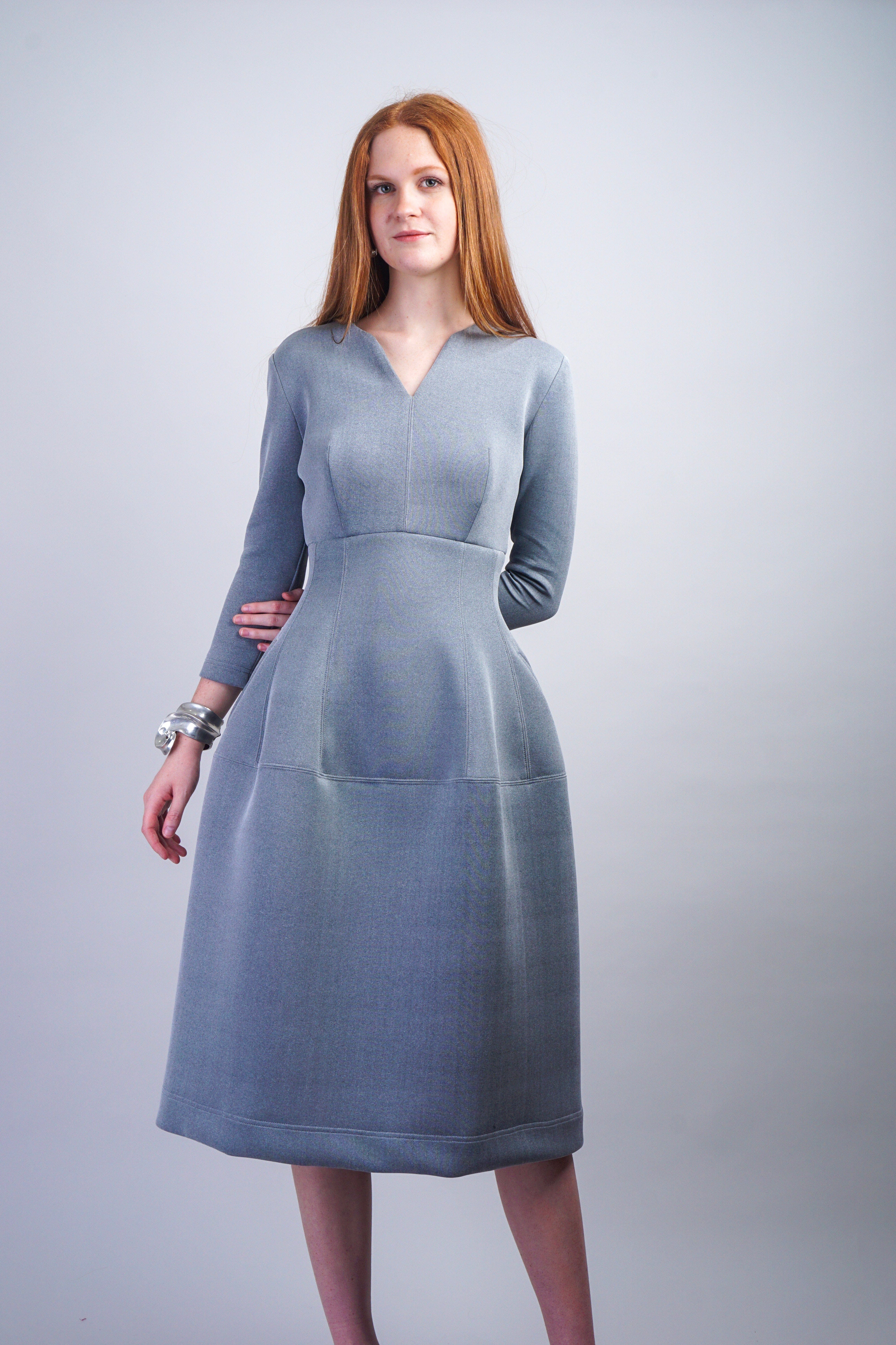 Chloe Dao DRESSES Grey V Neck Neoprene Midi Dress