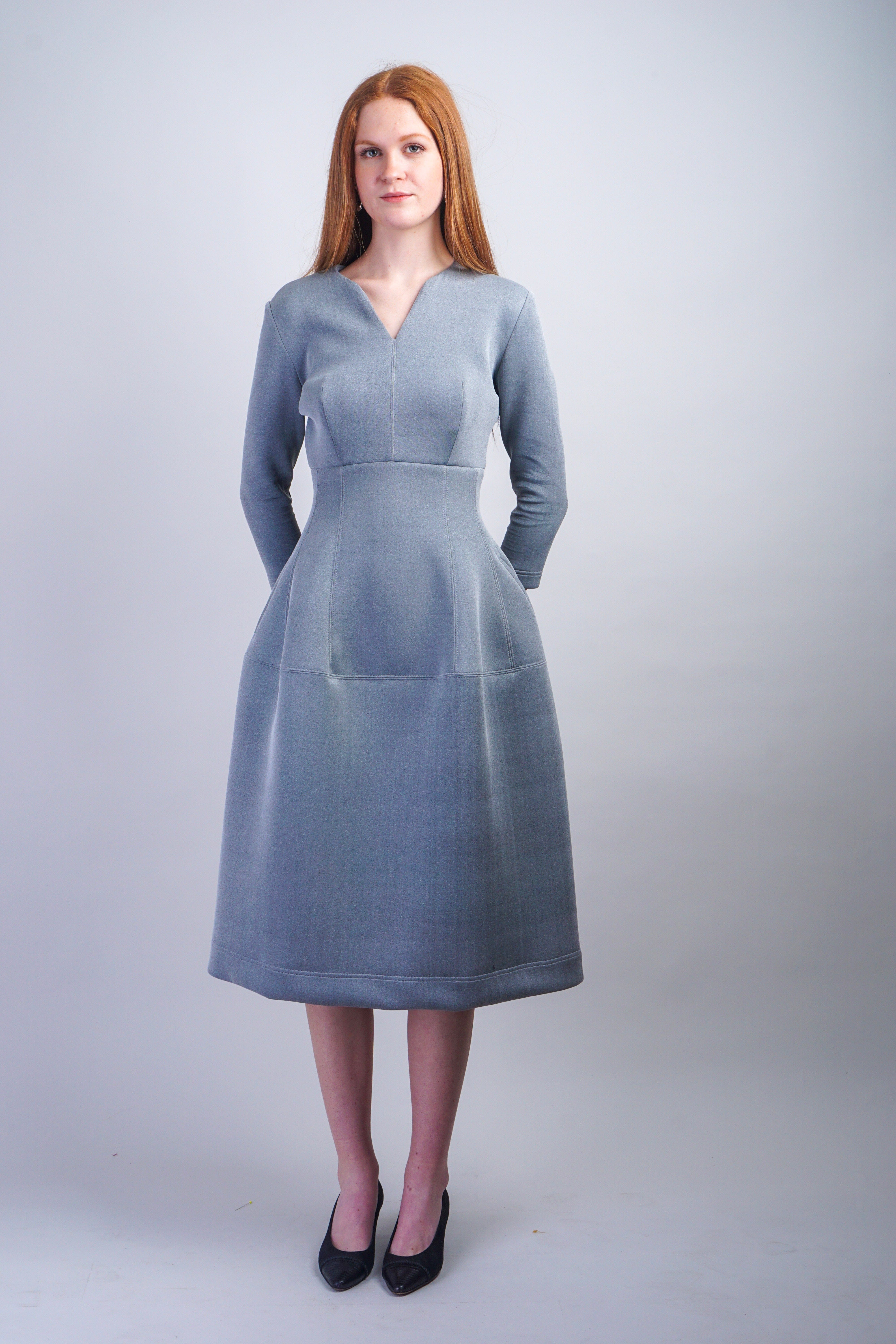 Chloe Dao DRESSES Grey V Neck Neoprene Midi Dress